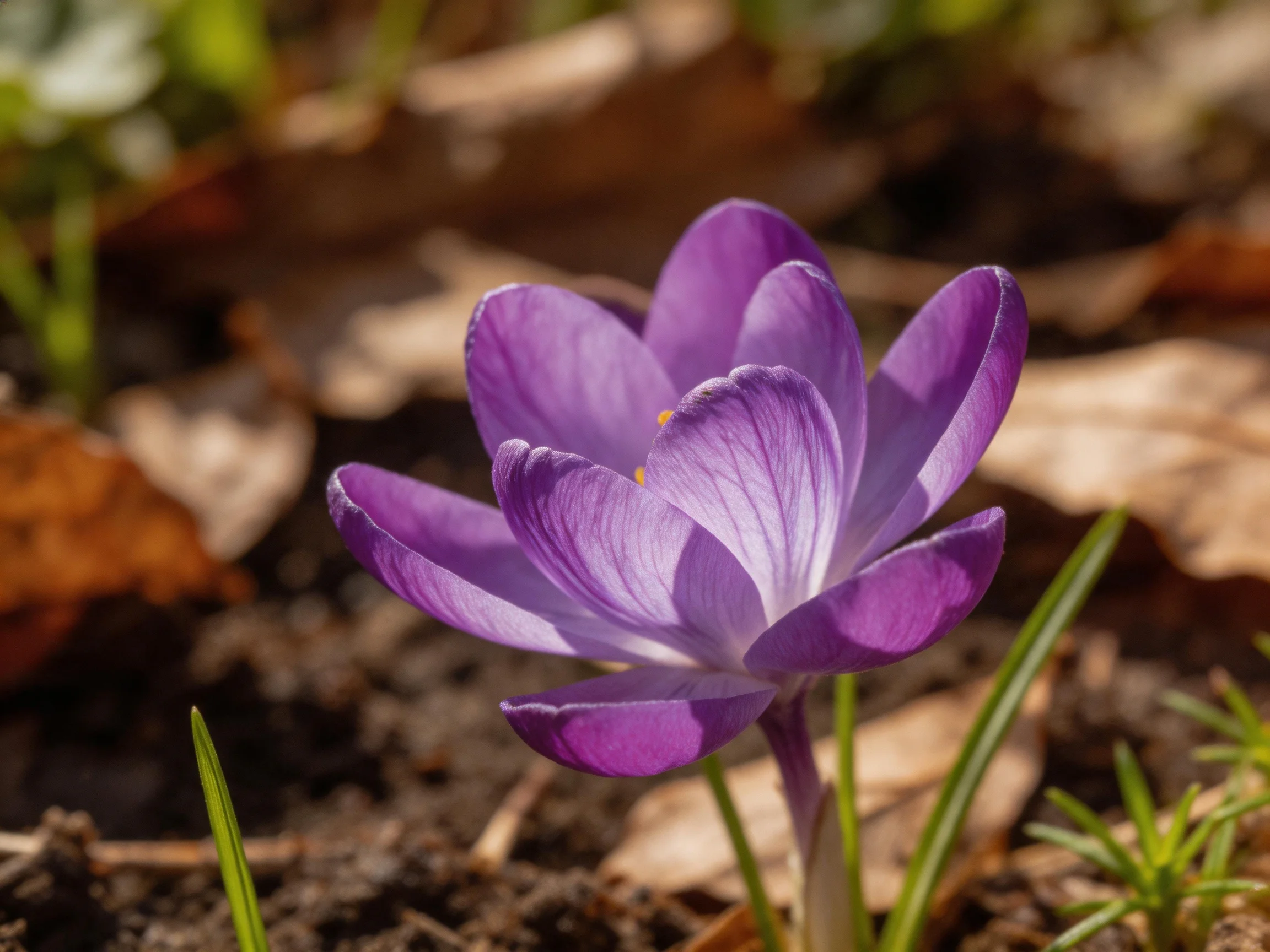 A vibrant purple crocus blooms amid earthy soil and dried leaves