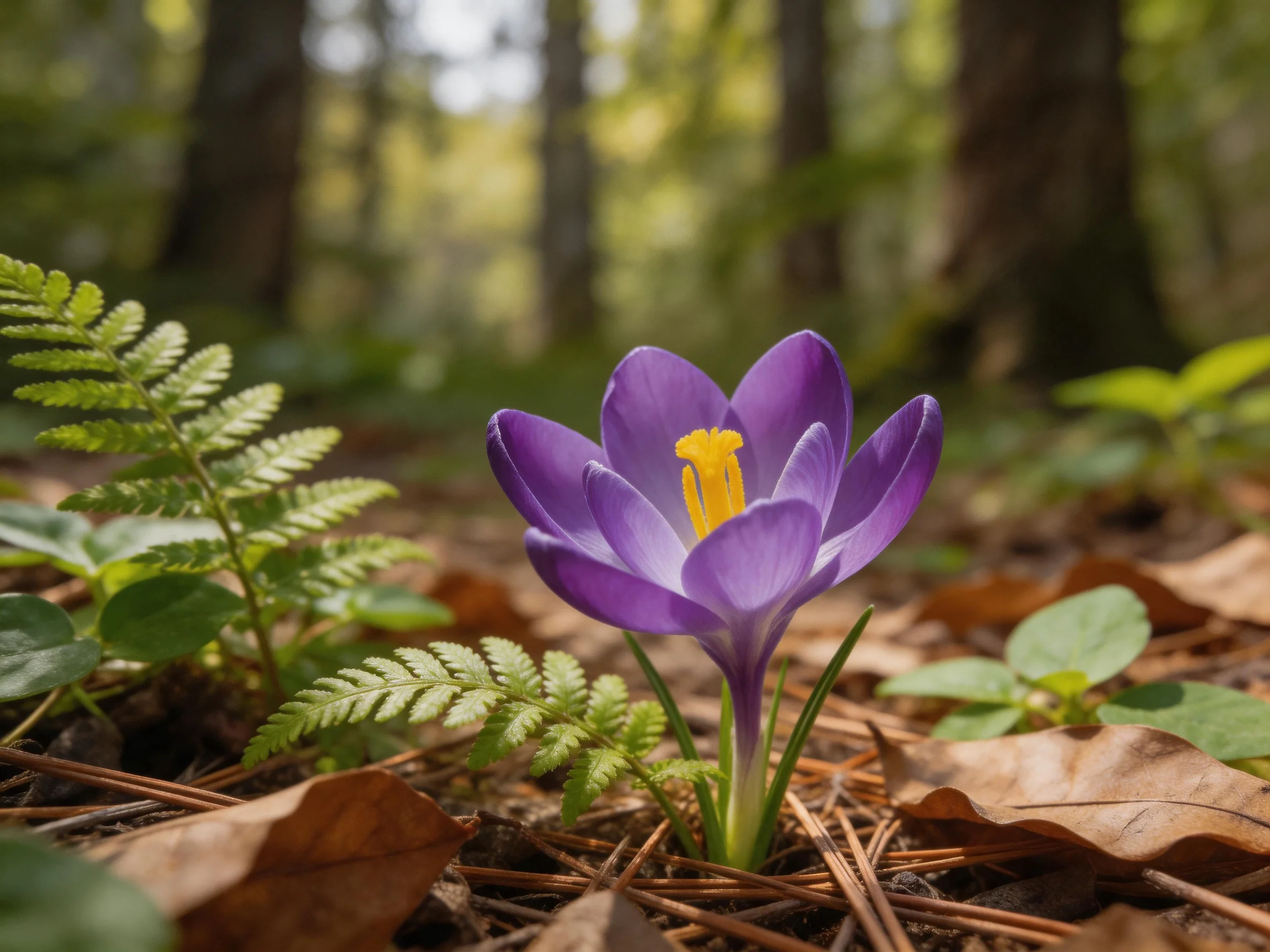 A vibrant purple crocus blooms amid ferns and fallen leaves in a sun-dappled forest