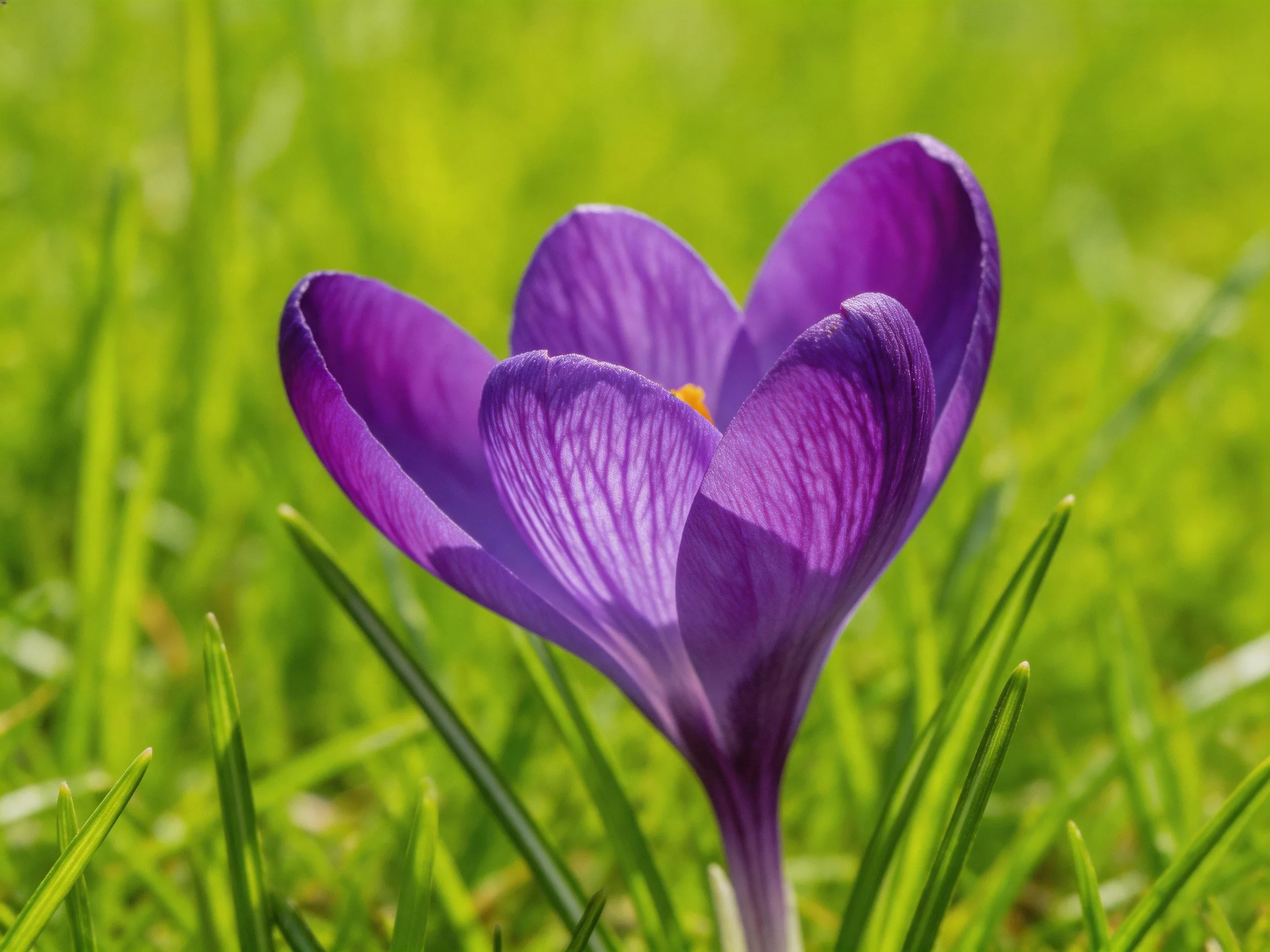 A vibrant purple crocus blooms amid lush green grass blades