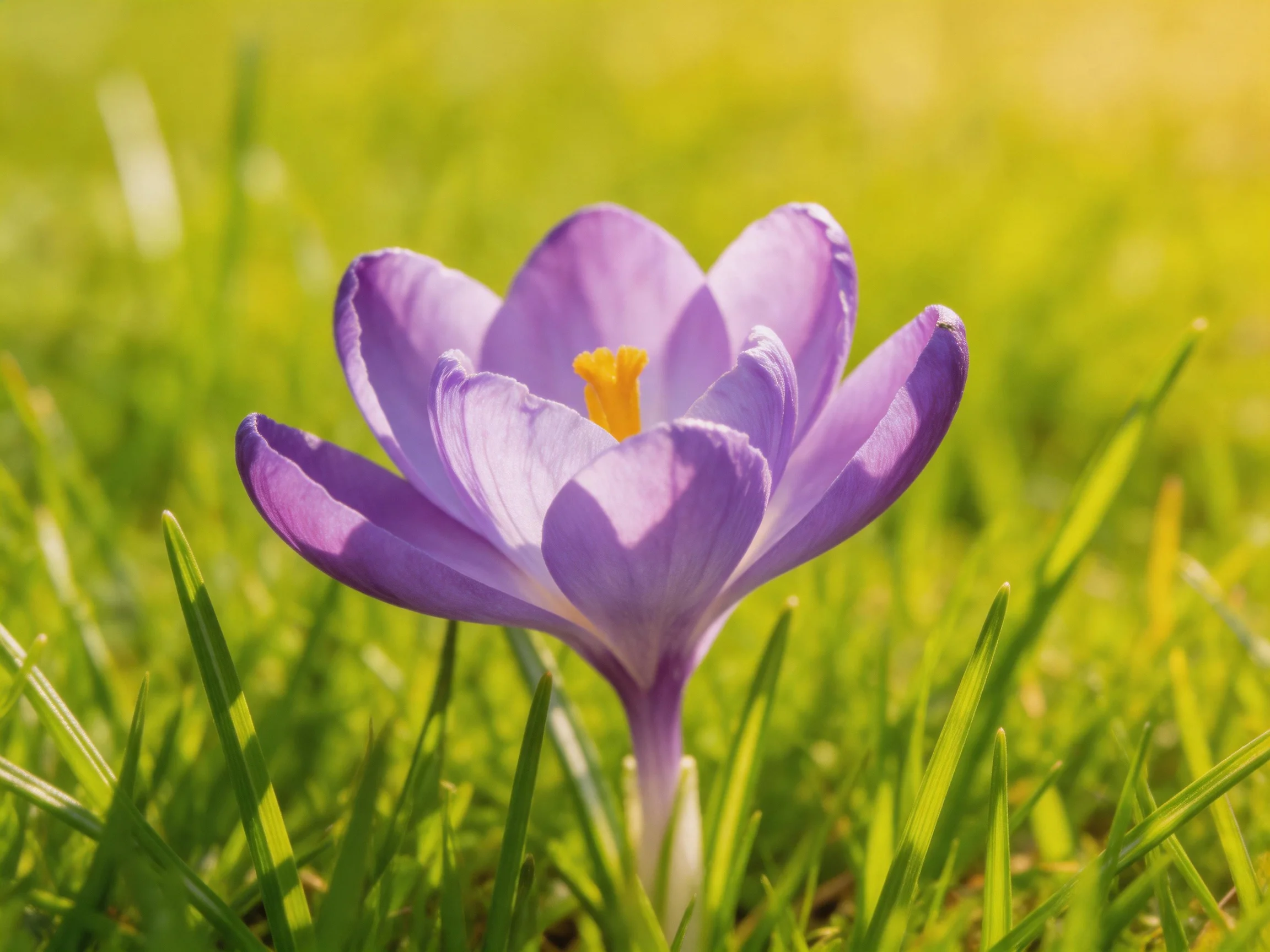A vibrant purple crocus blooms amid lush green grass