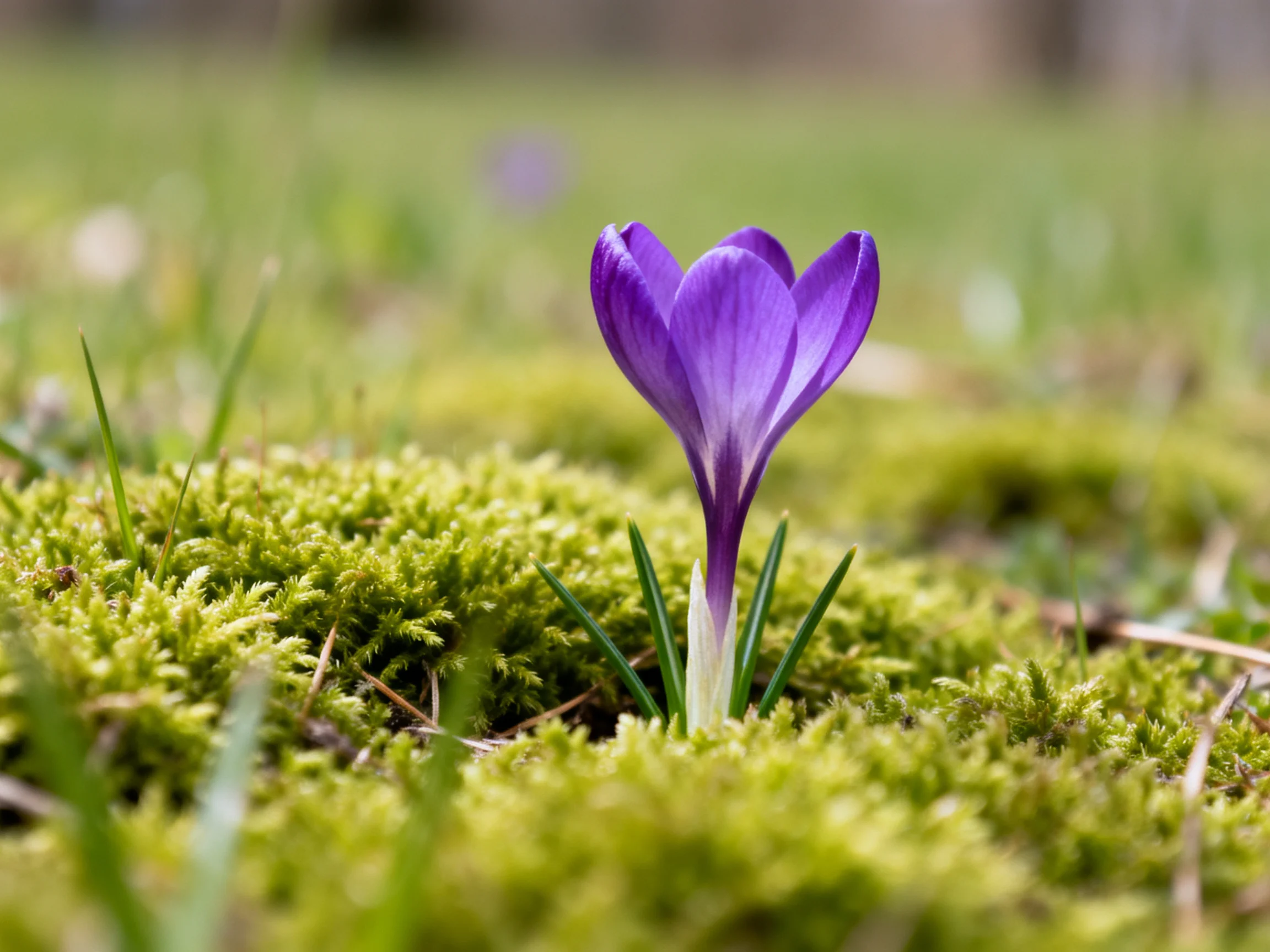 A vibrant purple crocus blooms amid lush green moss and grass