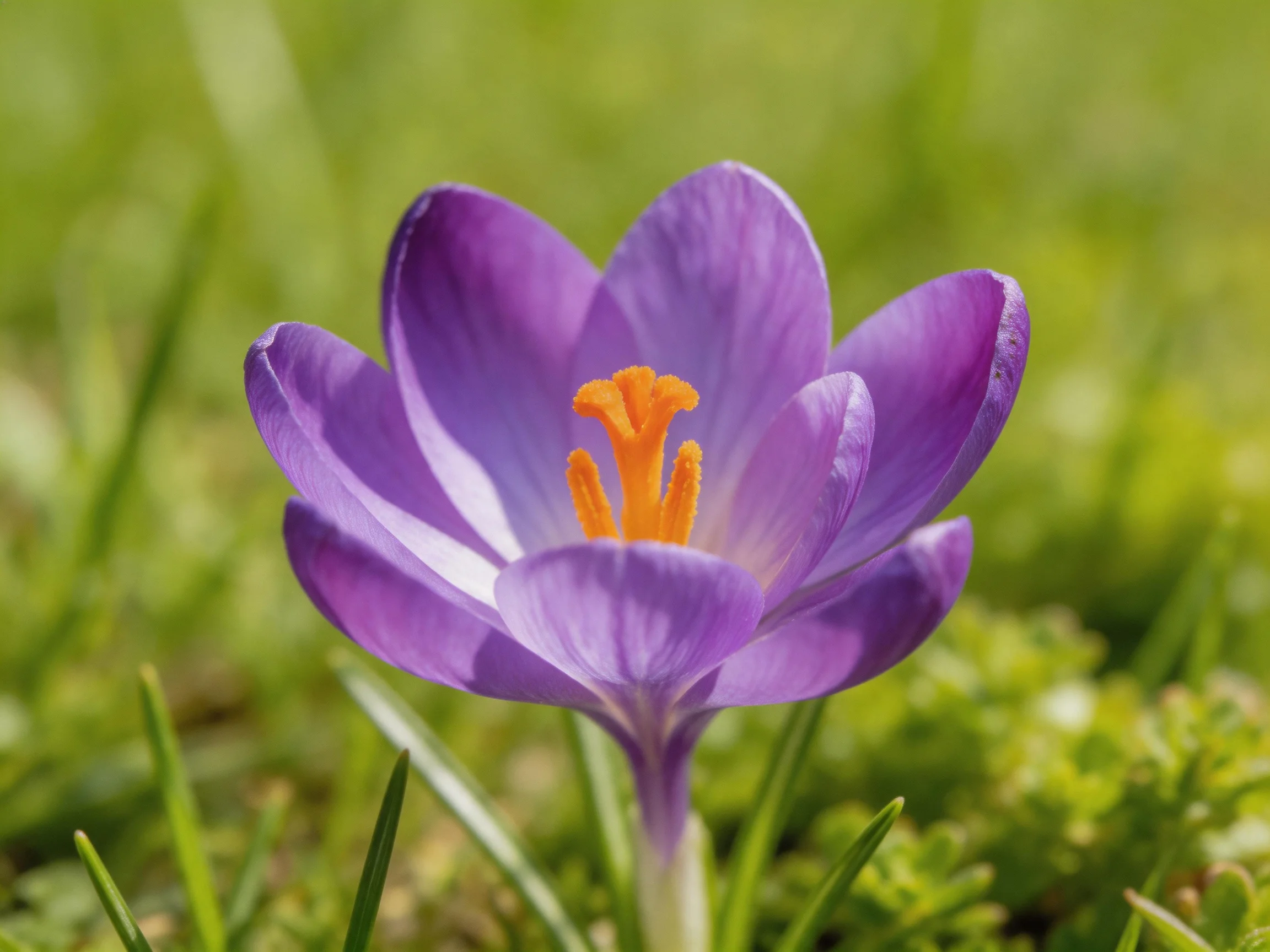 A vibrant purple crocus blooms amid lush green surroundings