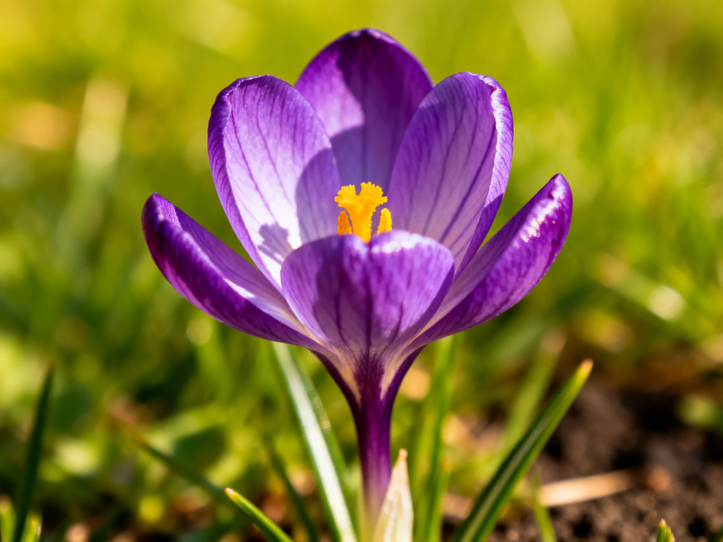 A vibrant purple crocus blooms in a sunlit grassy setting