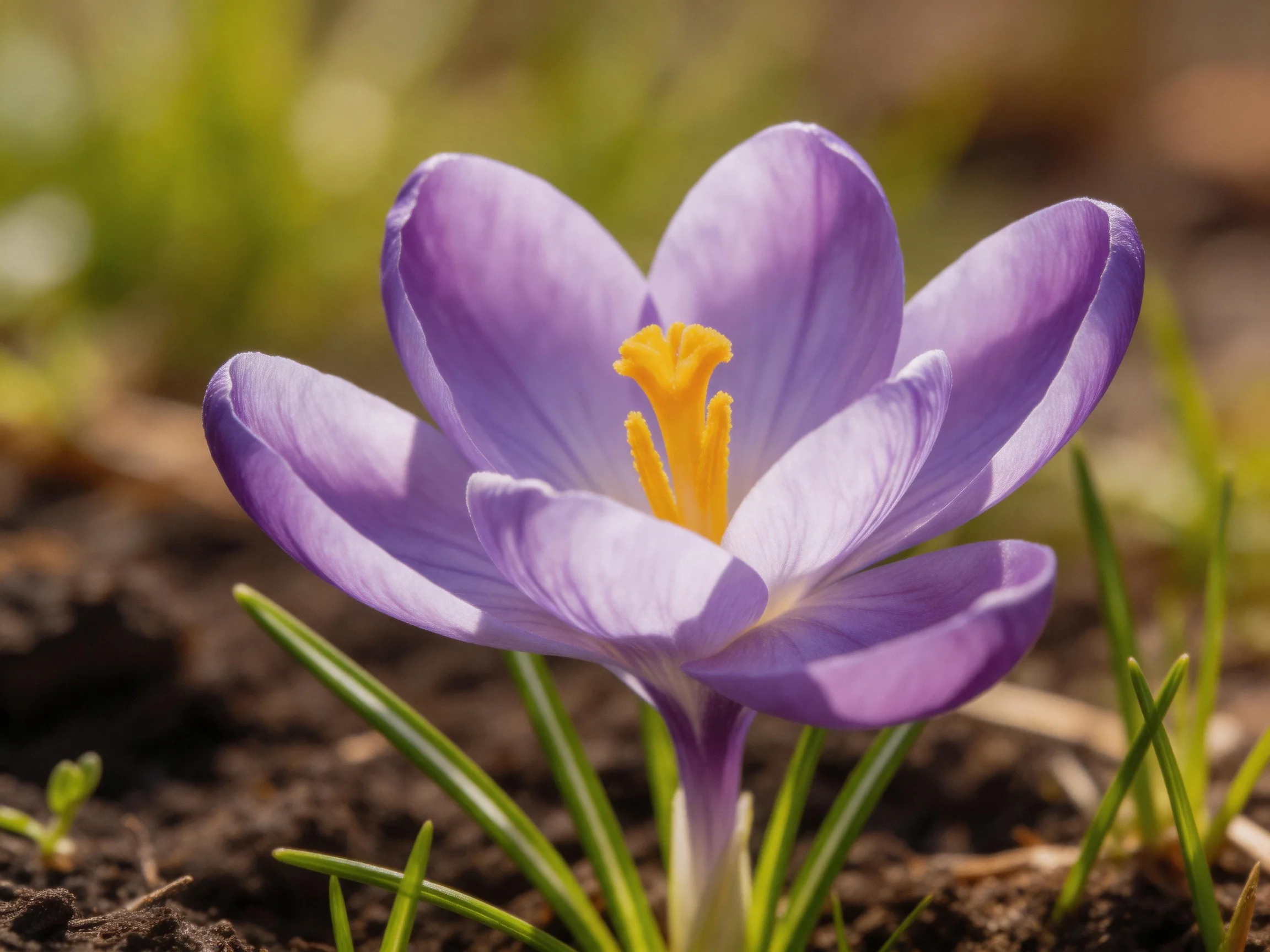 A vibrant purple crocus blooms near dark soil and green blades