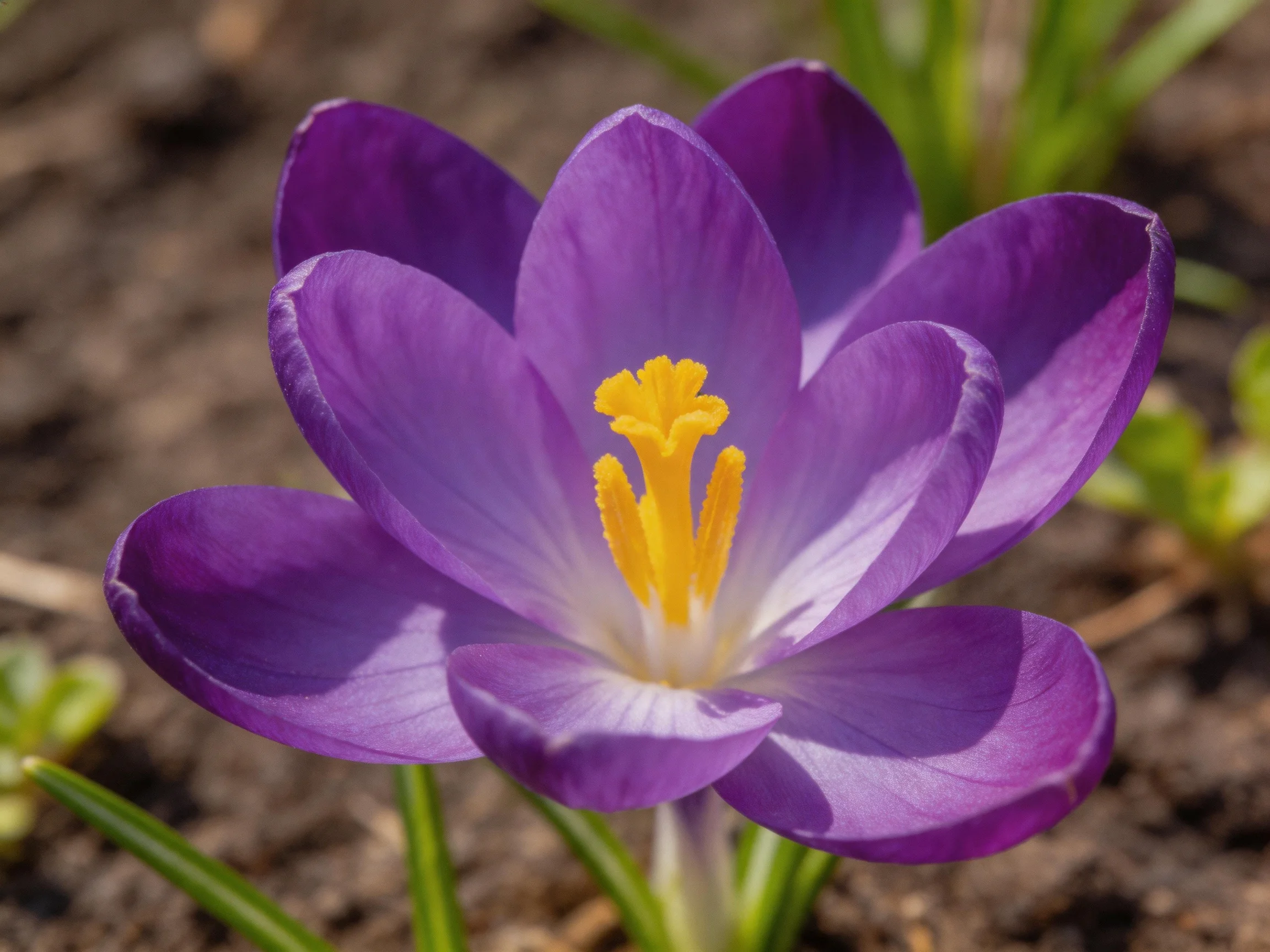 A vibrant purple crocus blooms with a bright yellow center