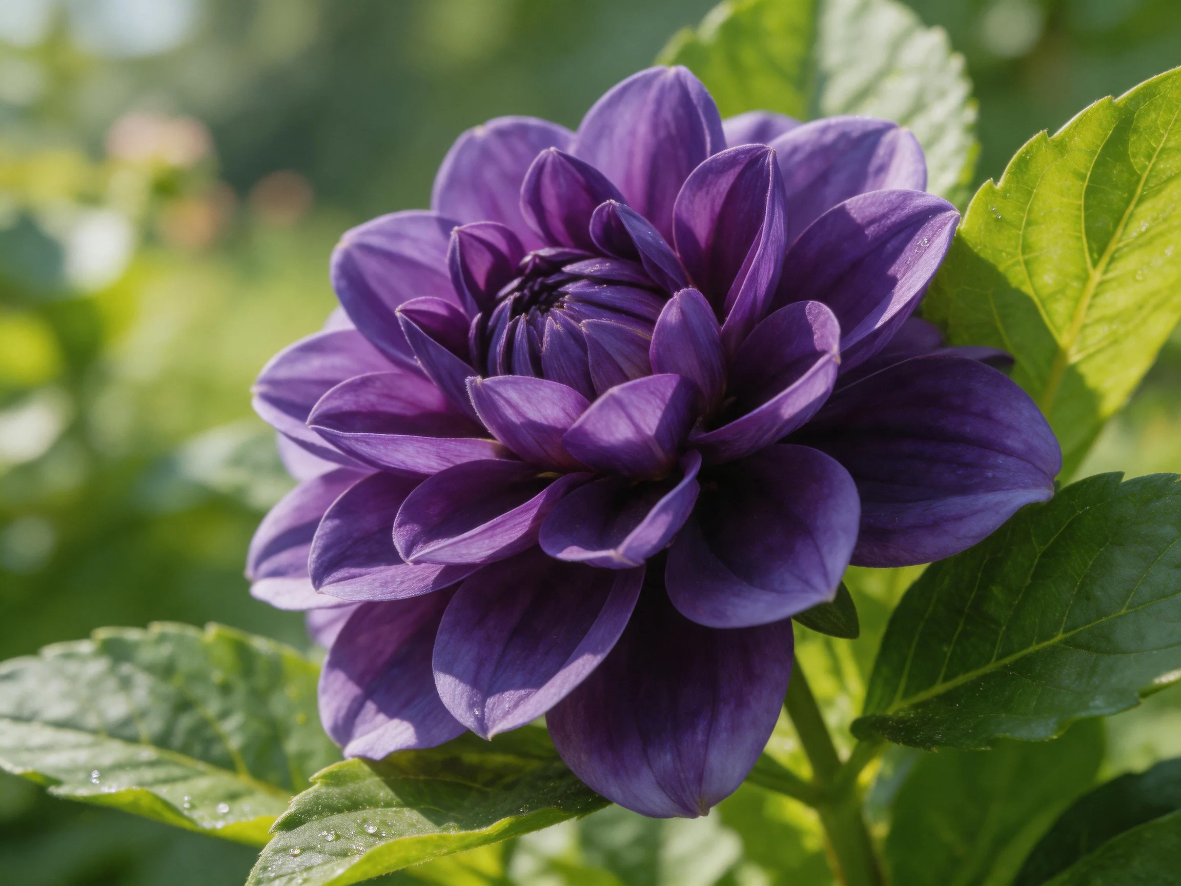 A vibrant purple dahlia blooms amid lush green foliage