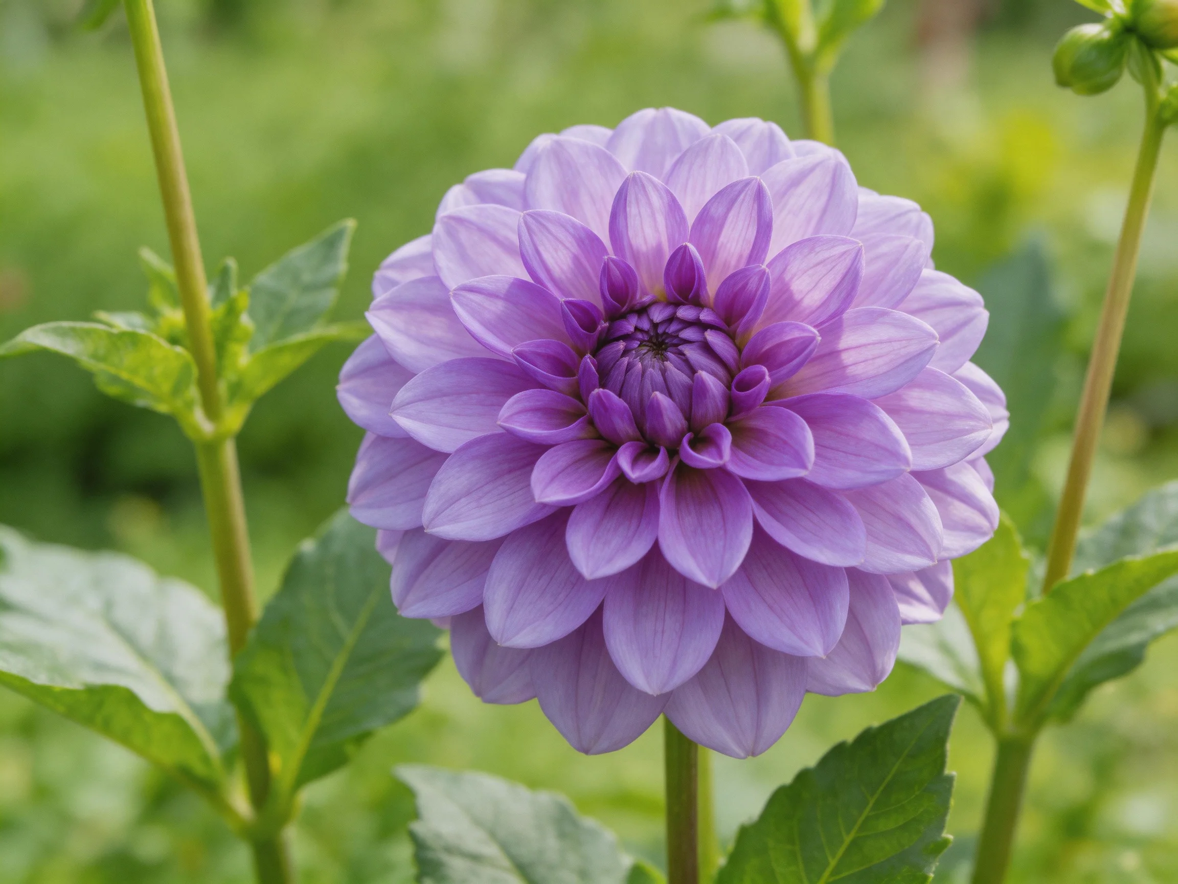 A vibrant purple dahlia blooms amid lush green foliage
