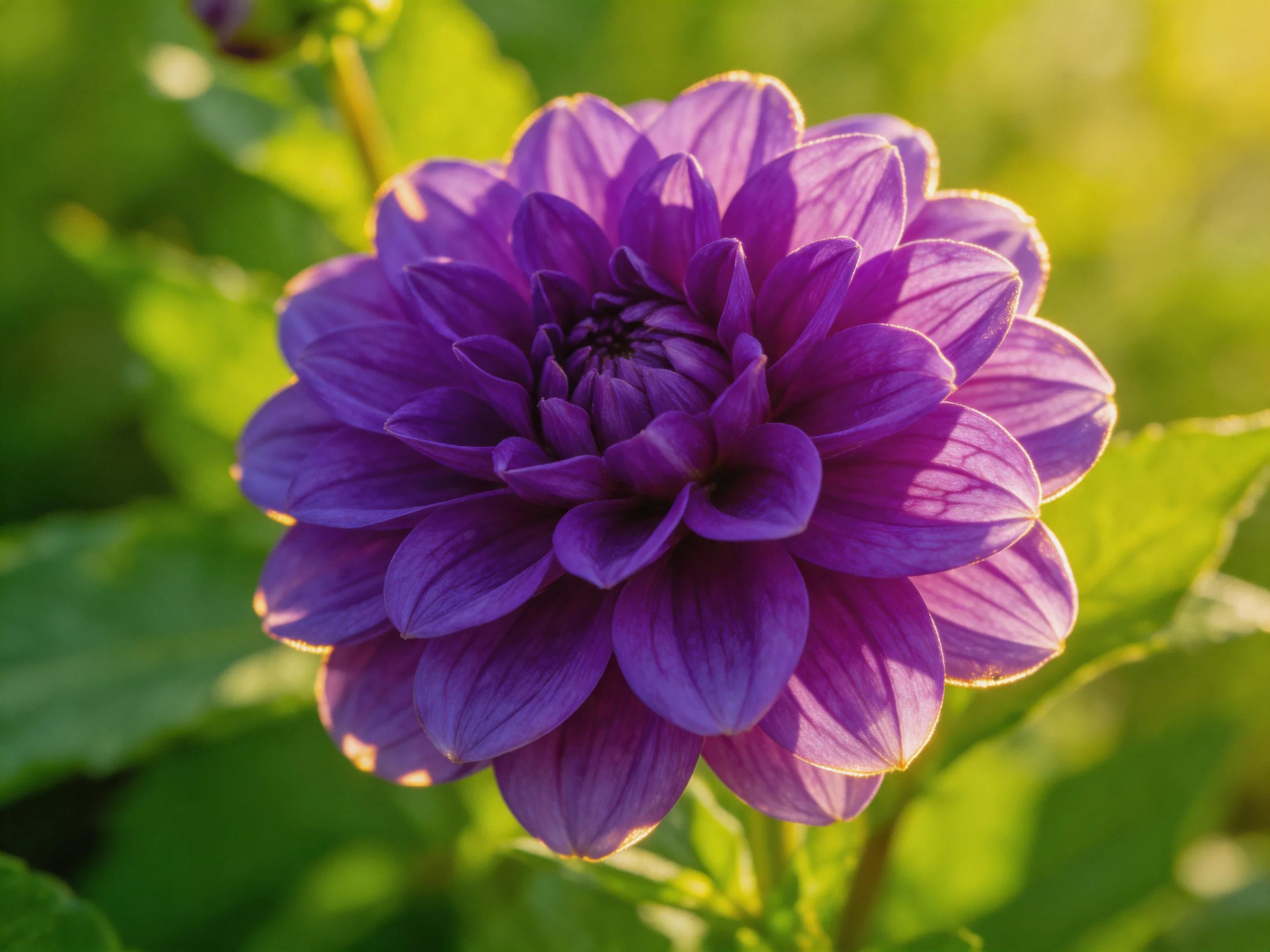 A single vibrant purple dahlia is centered amid green leaves.