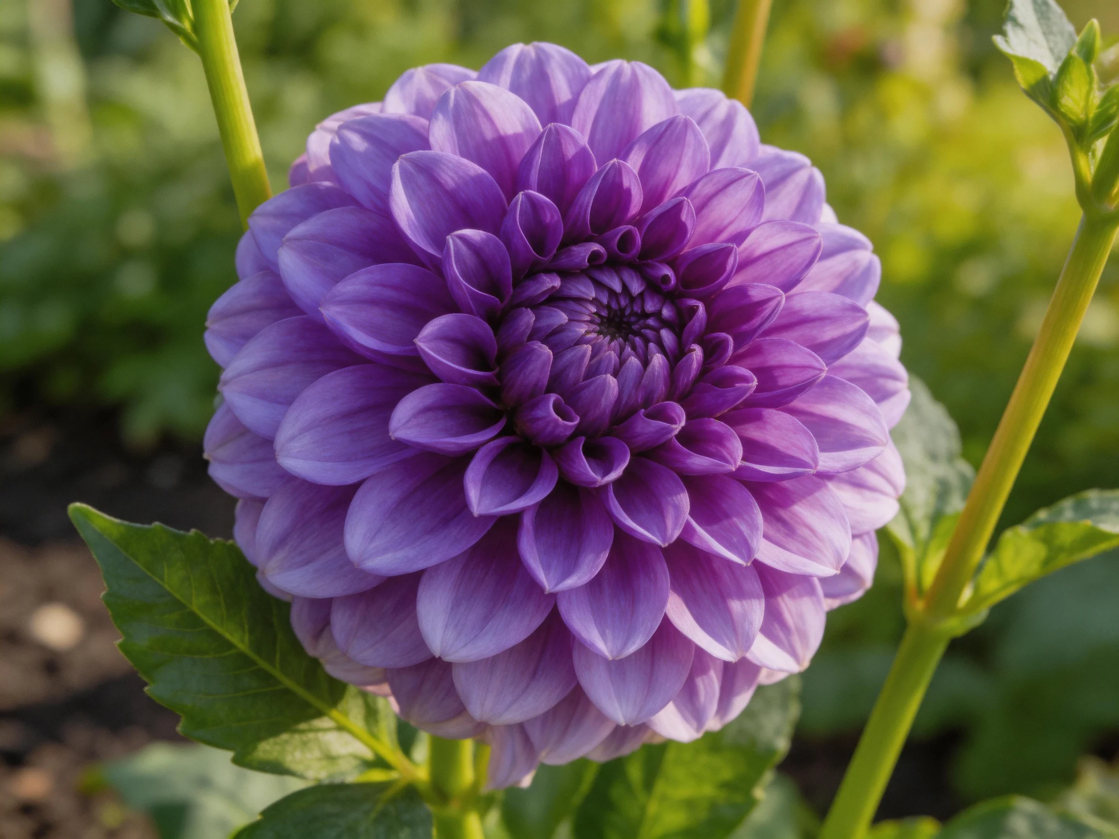 A vibrant purple dahlia blooms in a sunlit garden