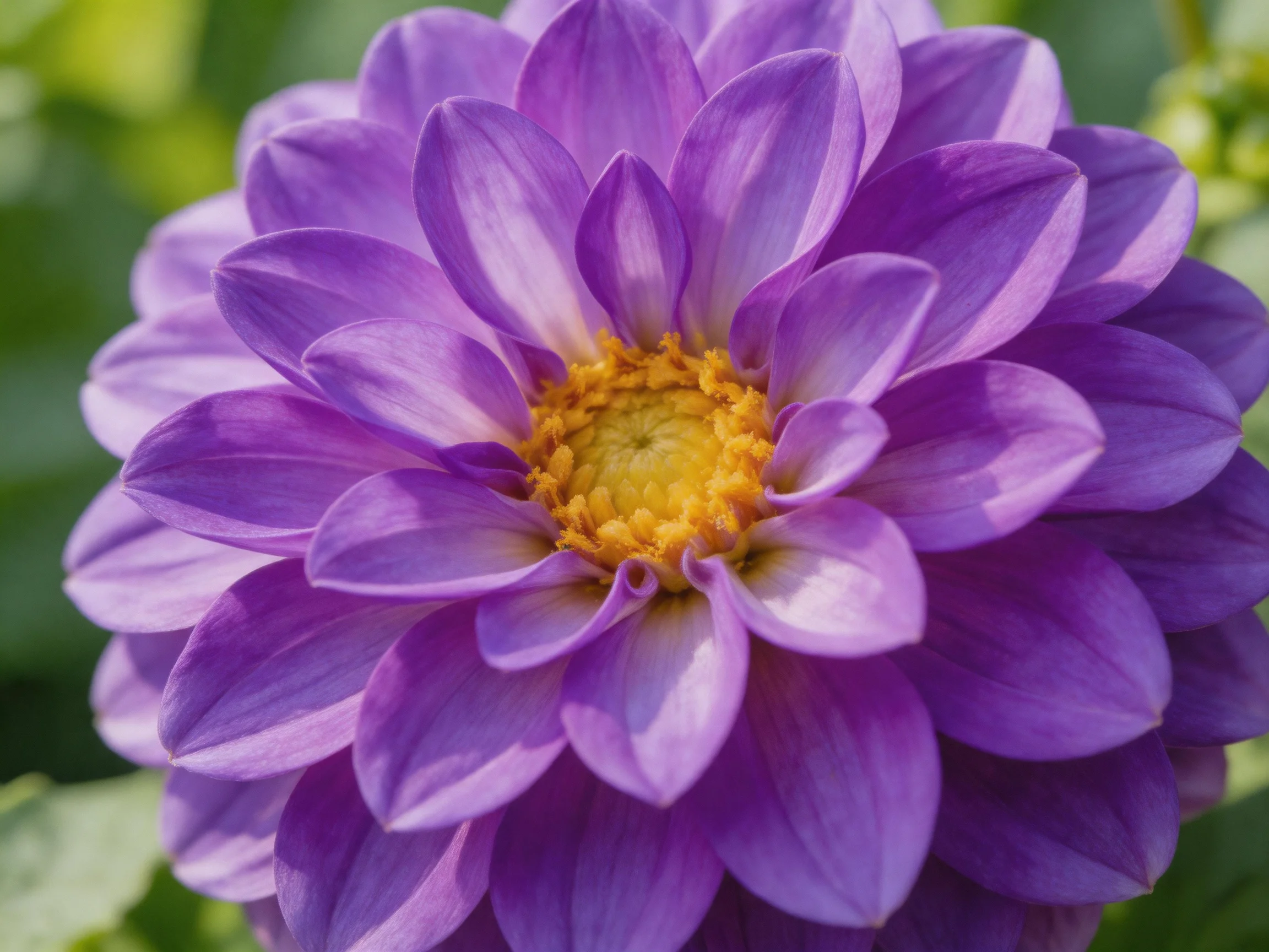 A vibrant purple dahlia with layered petals and a golden center