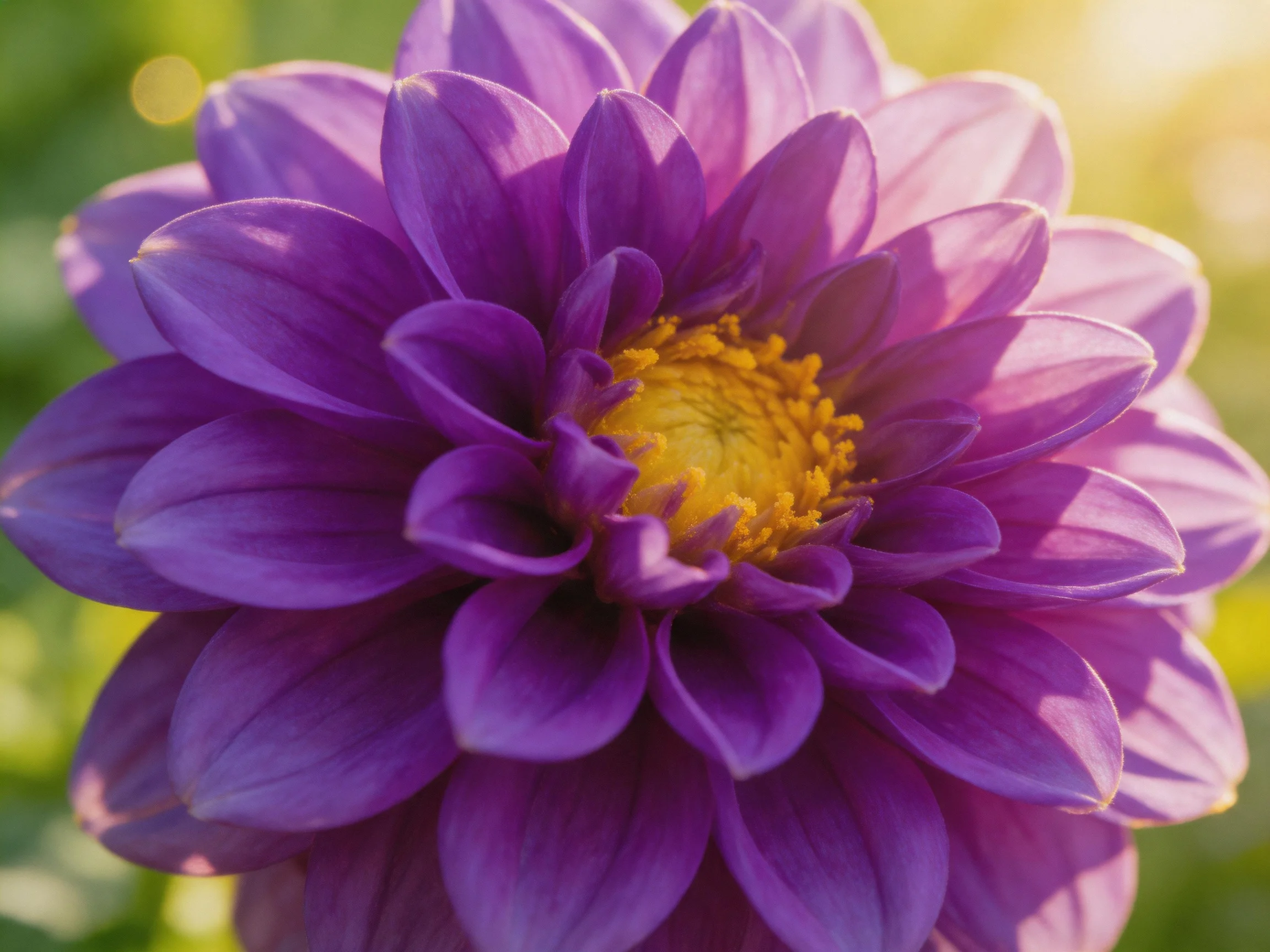A vibrant purple dahlia with layered petals and a yellow center