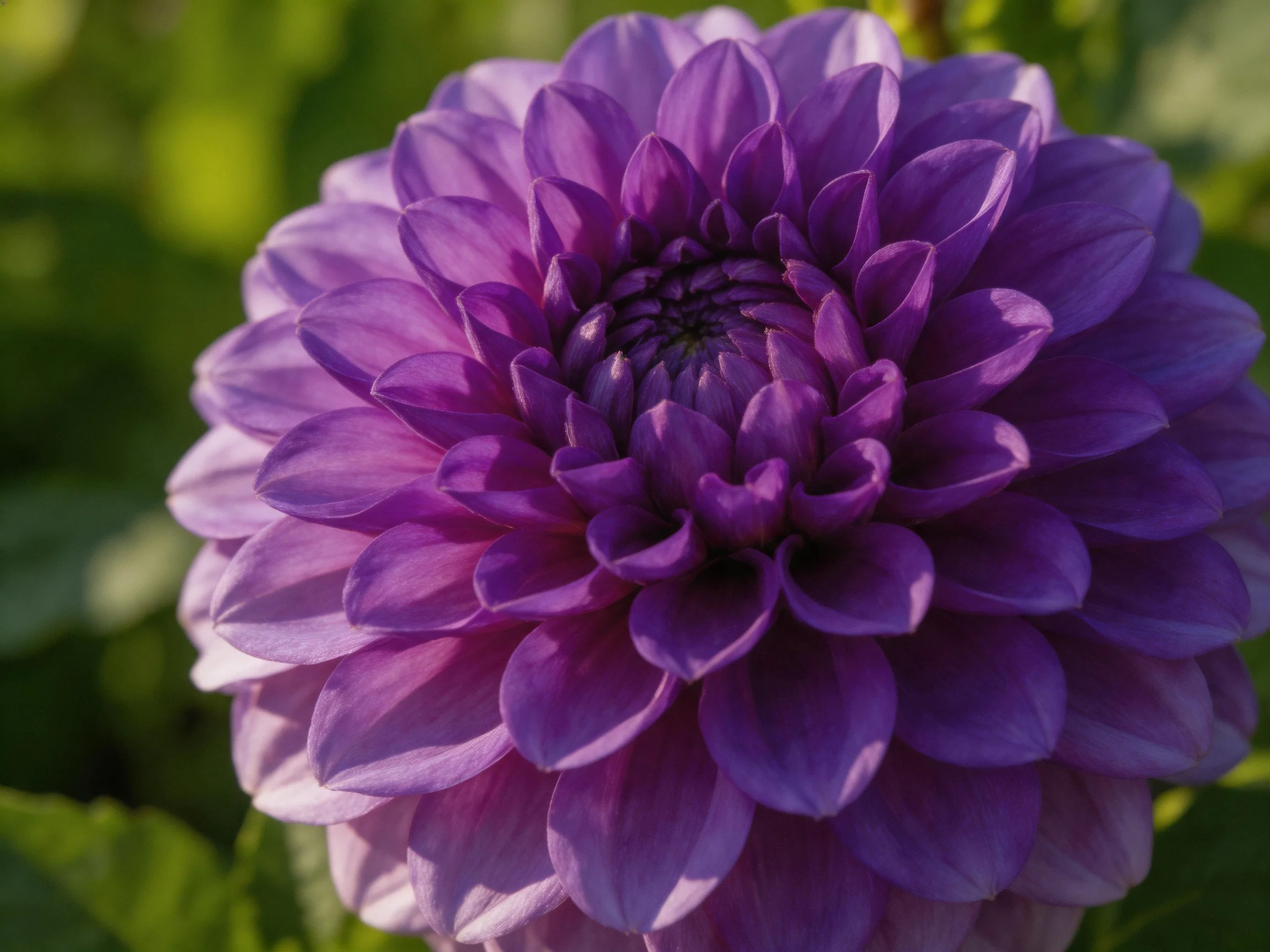 A vibrant purple dahlia with layered petals in natural light