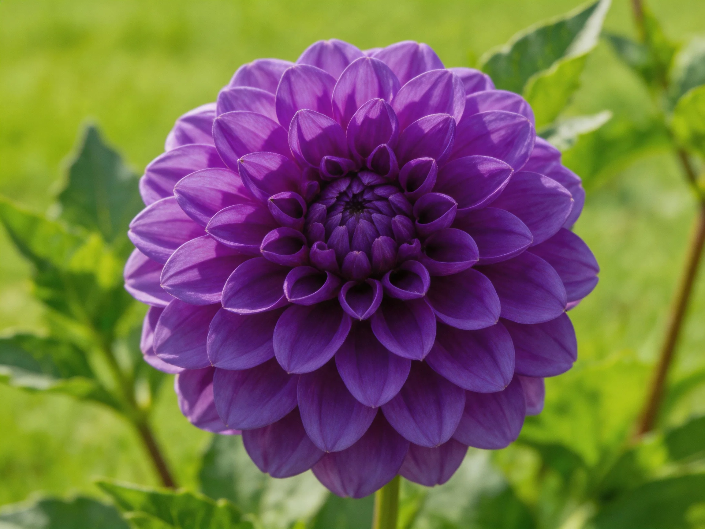 A vibrant purple dahlia with layered petals set against green foliage
