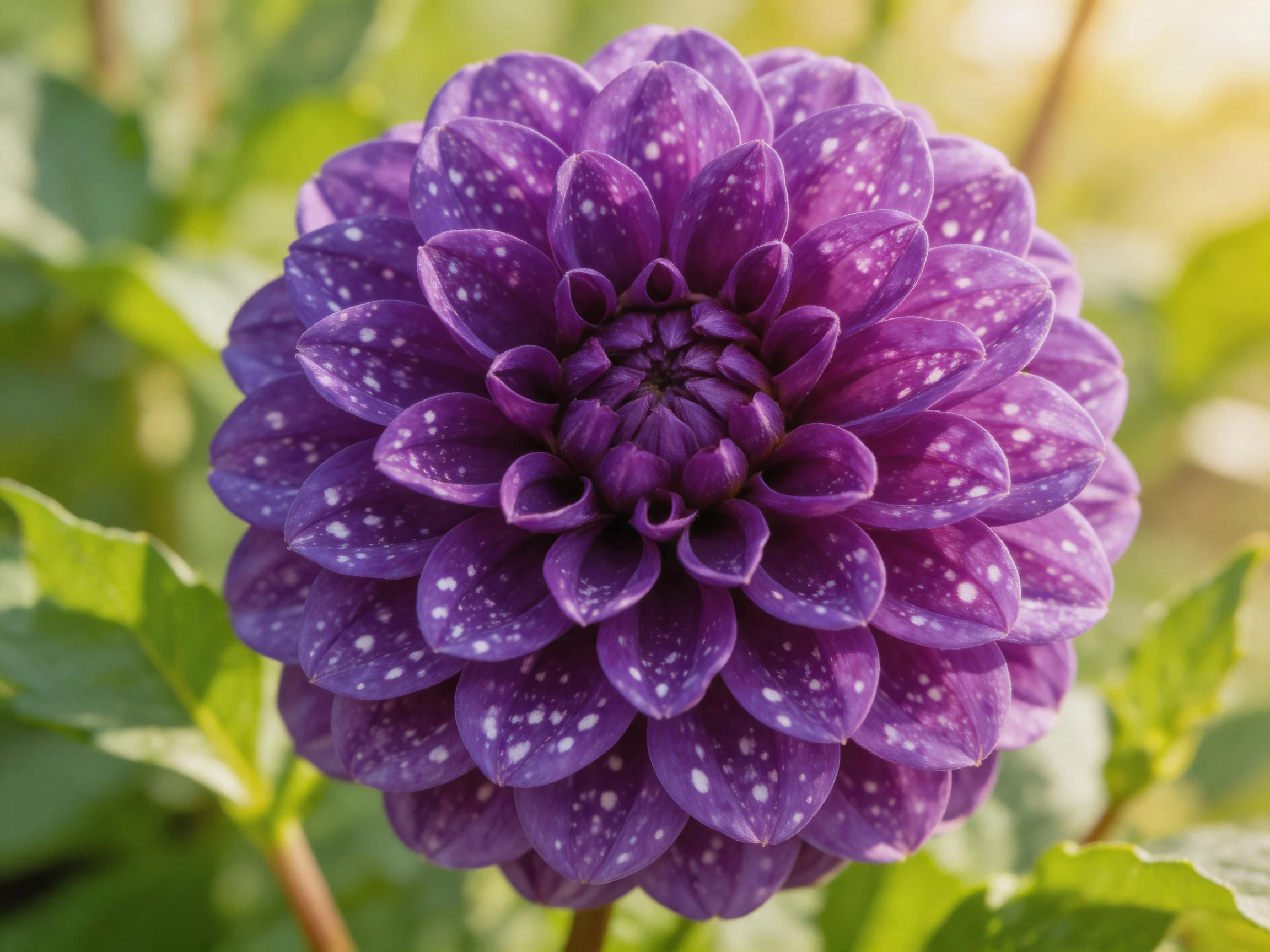 A vibrant purple dahlia with white speckles surrounded by green foliage