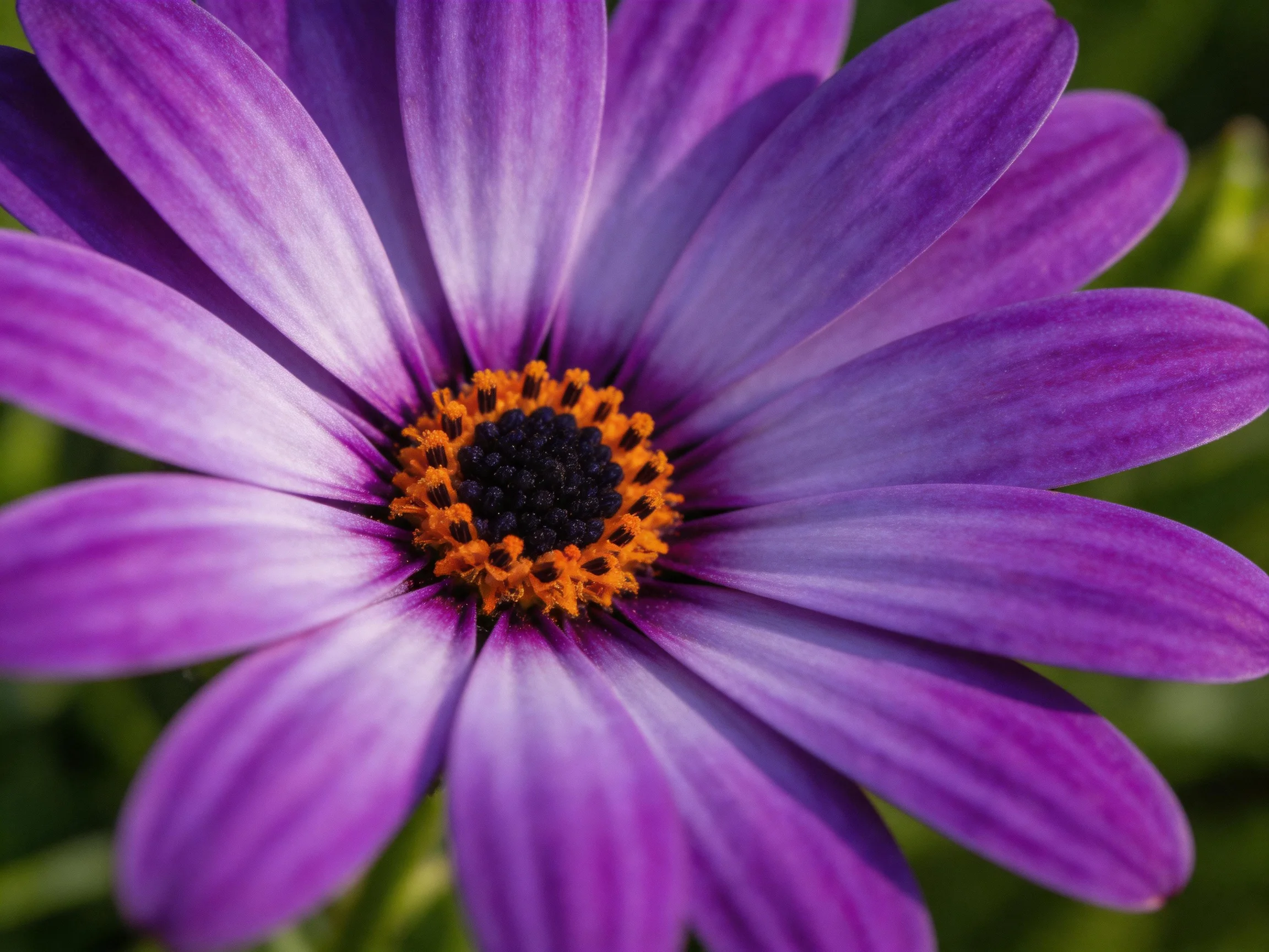 A vibrant purple daisy with an orange and black central disc