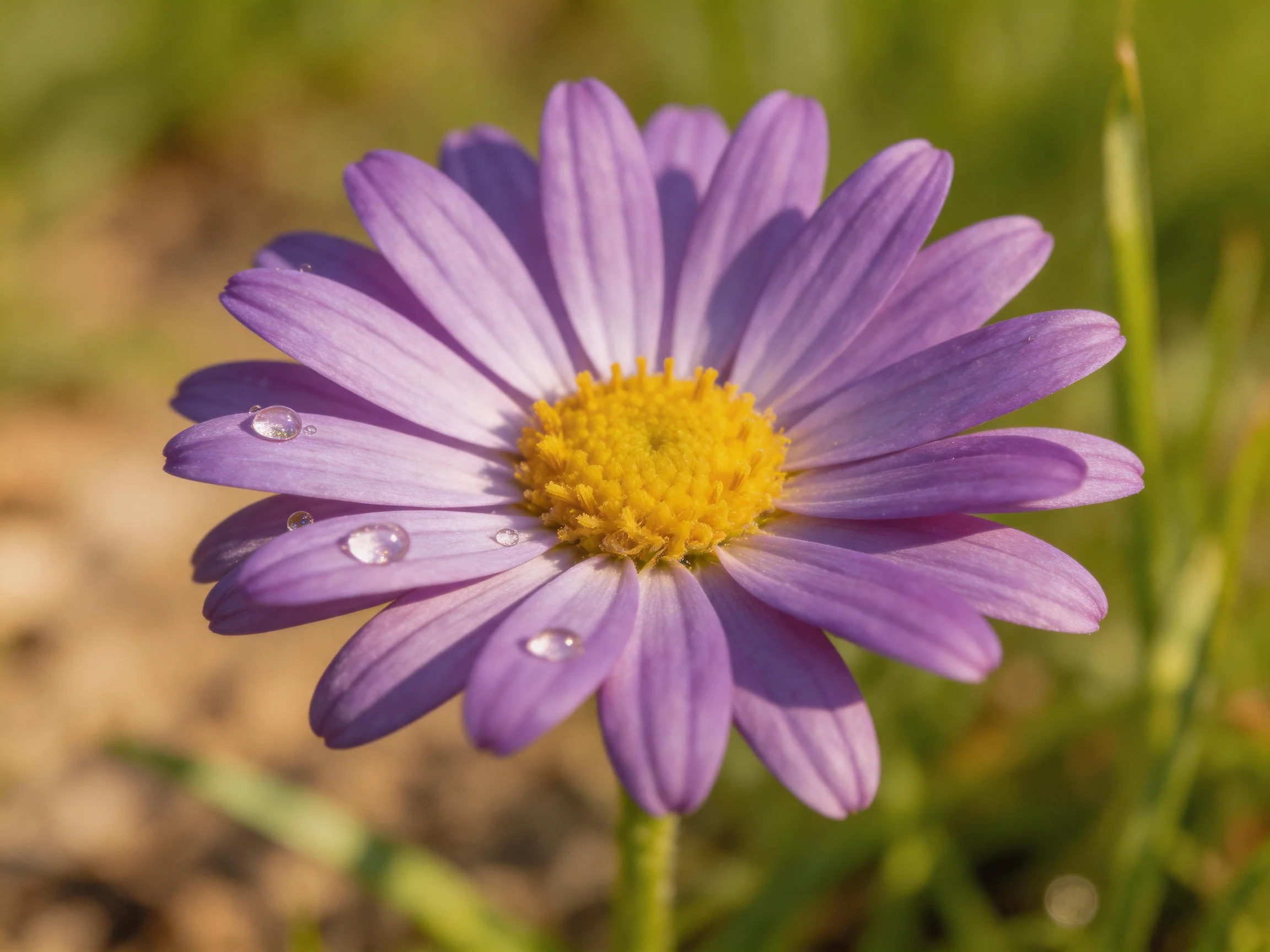 A vibrant purple daisy with dew drops and golden center