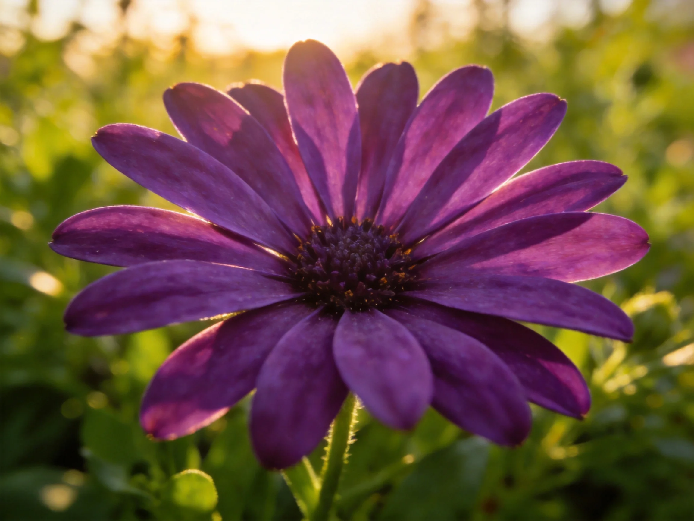 A vibrant purple daisy with layered petals in a sunlit green landscape