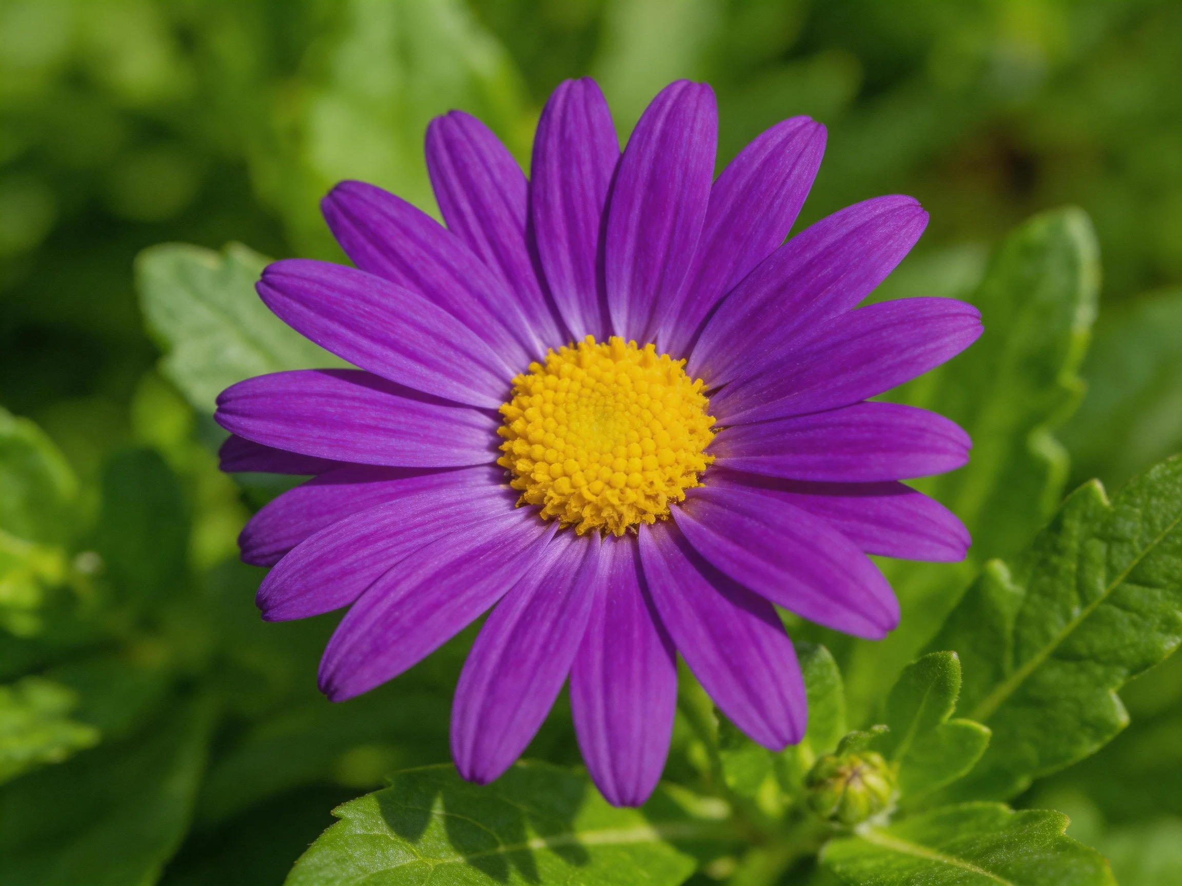A vibrant purple daisy with yellow center amid green foliage