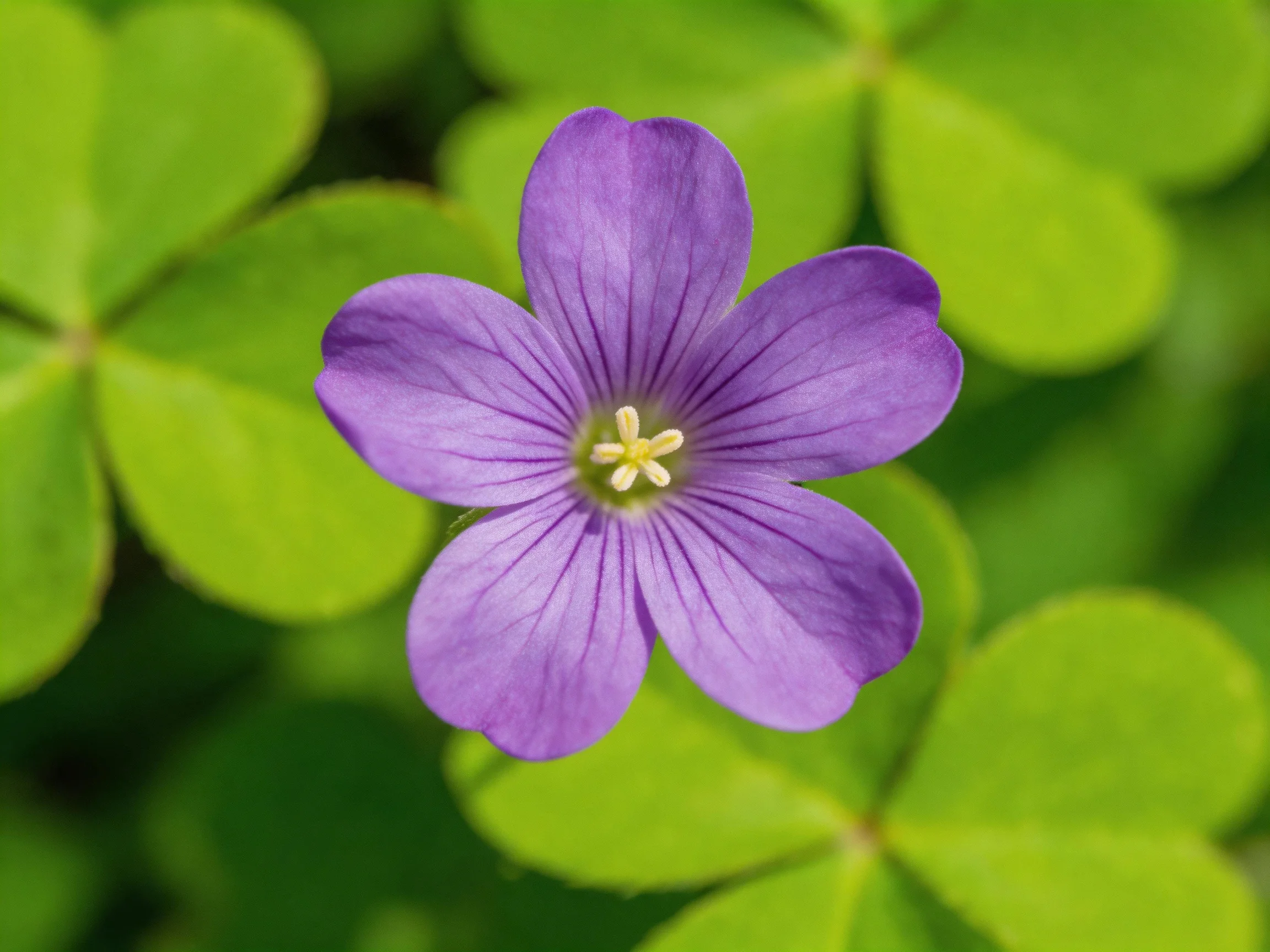 A purple five-petaled flower is centered among green clover leaves.