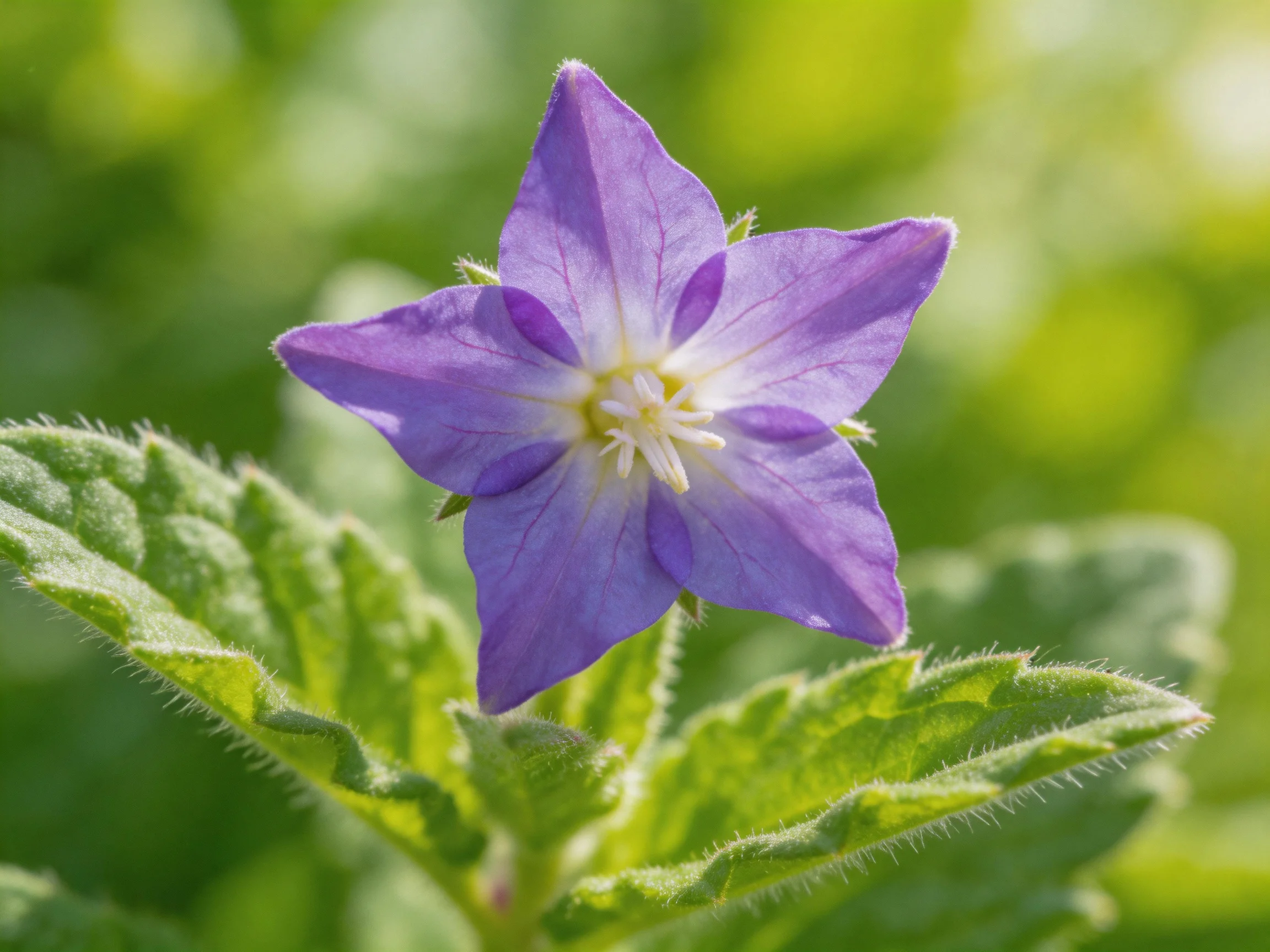 A vibrant purple five - petaled flower with fuzzy green leaves