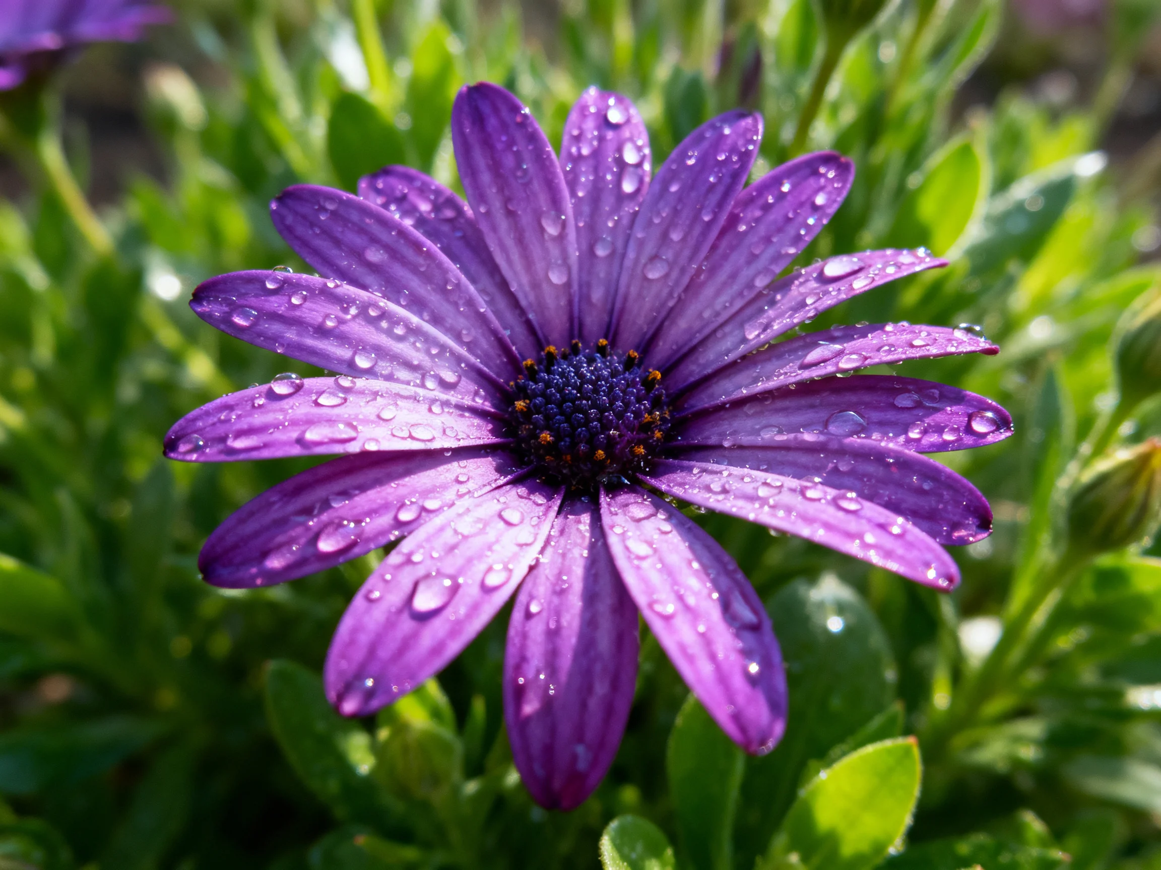 A vibrant purple flower adorned with water droplets among green foliage