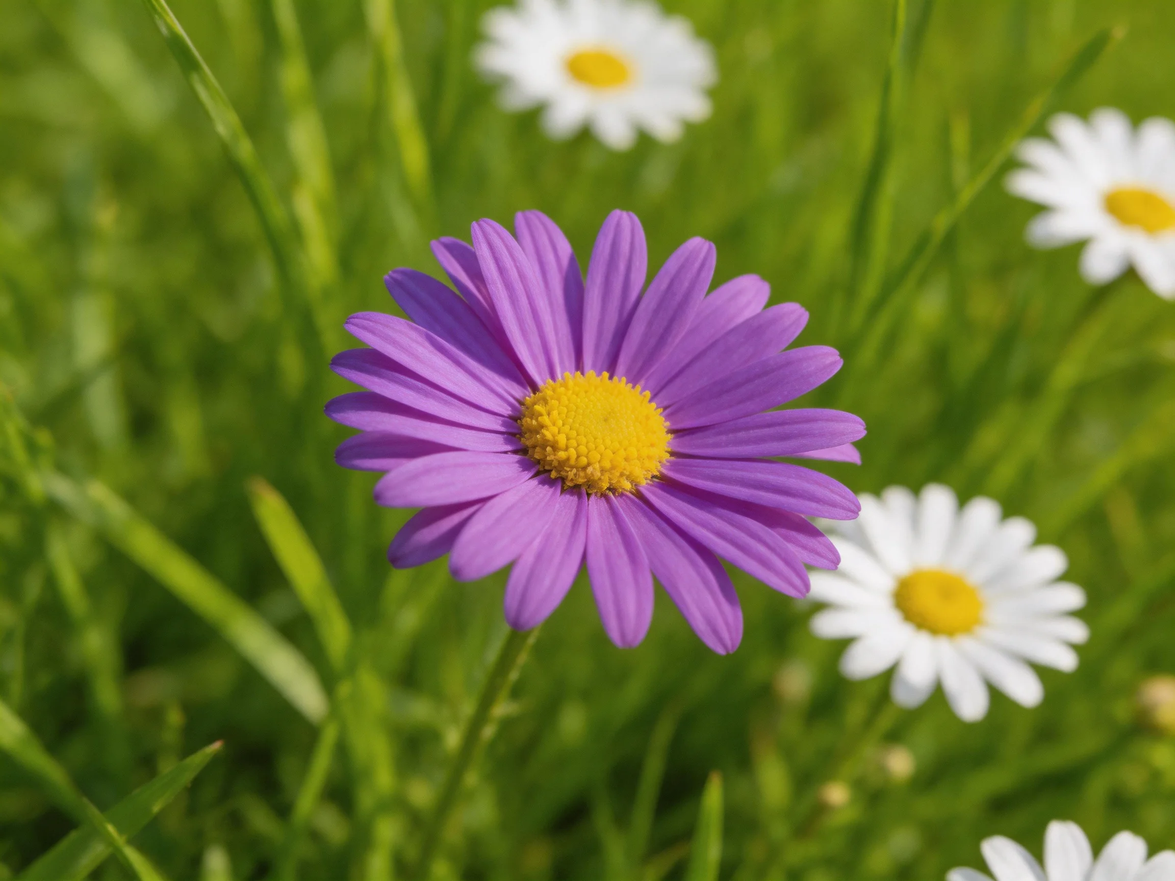 A vibrant purple flower among white daisies in lush green grass