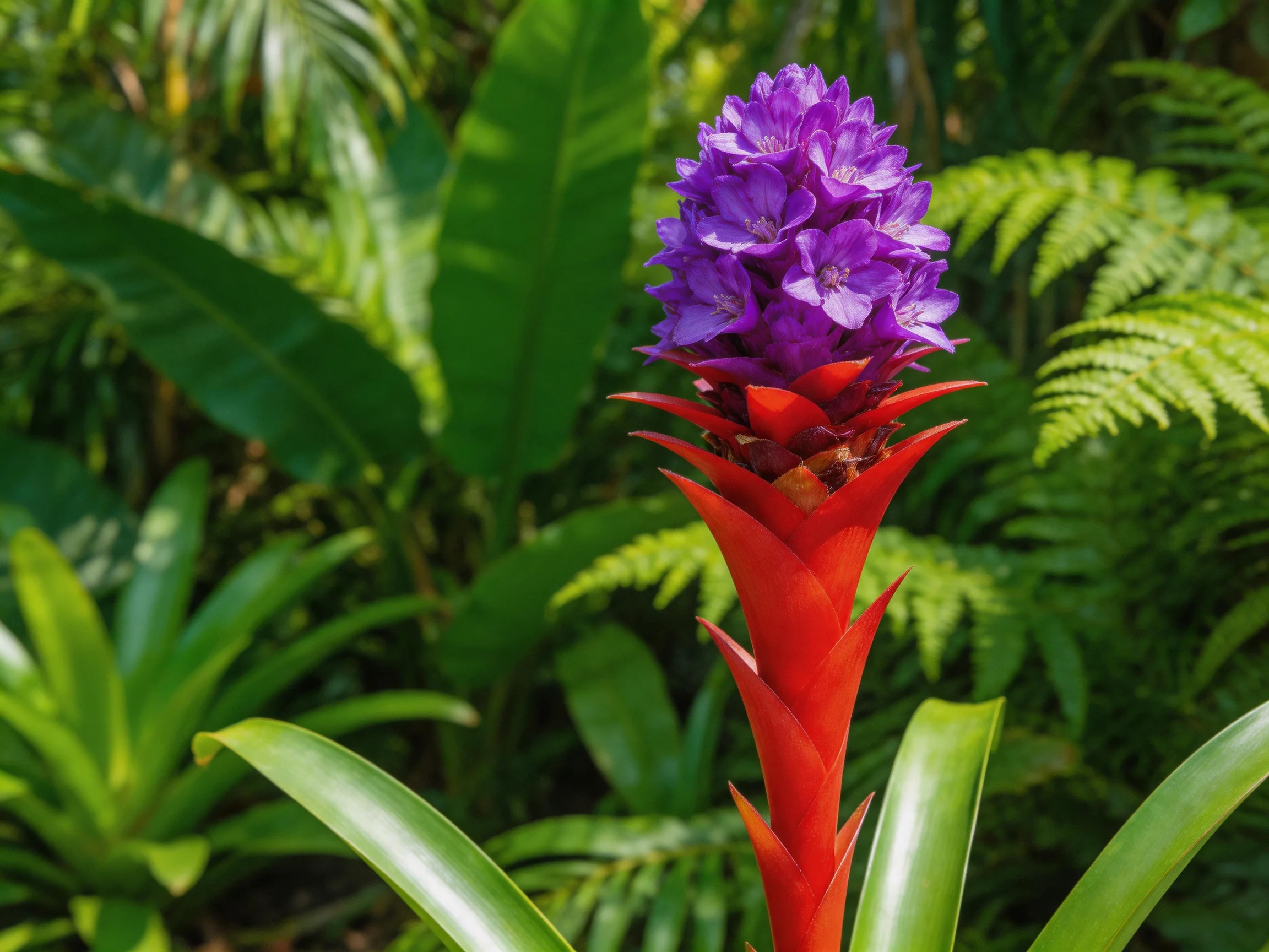 A vibrant purple flower atop a red spiky stem amid lush greenery