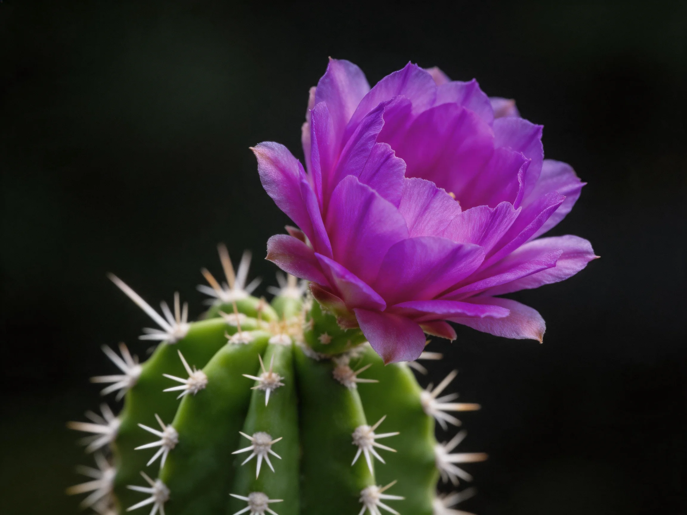 A vibrant purple flower blooms atop a spiky green cactus