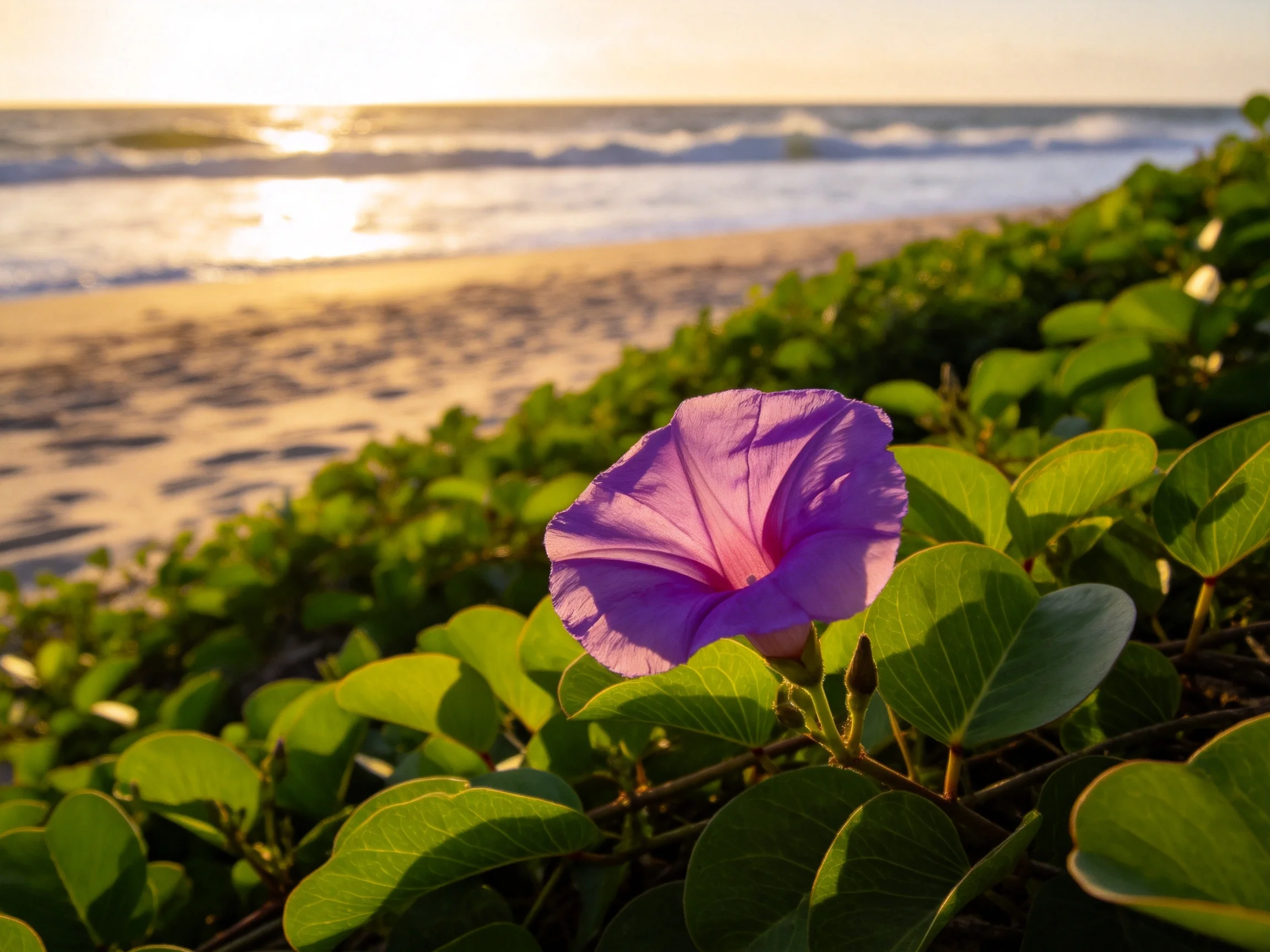 A vibrant purple flower blooms near a sandy beach at sunset