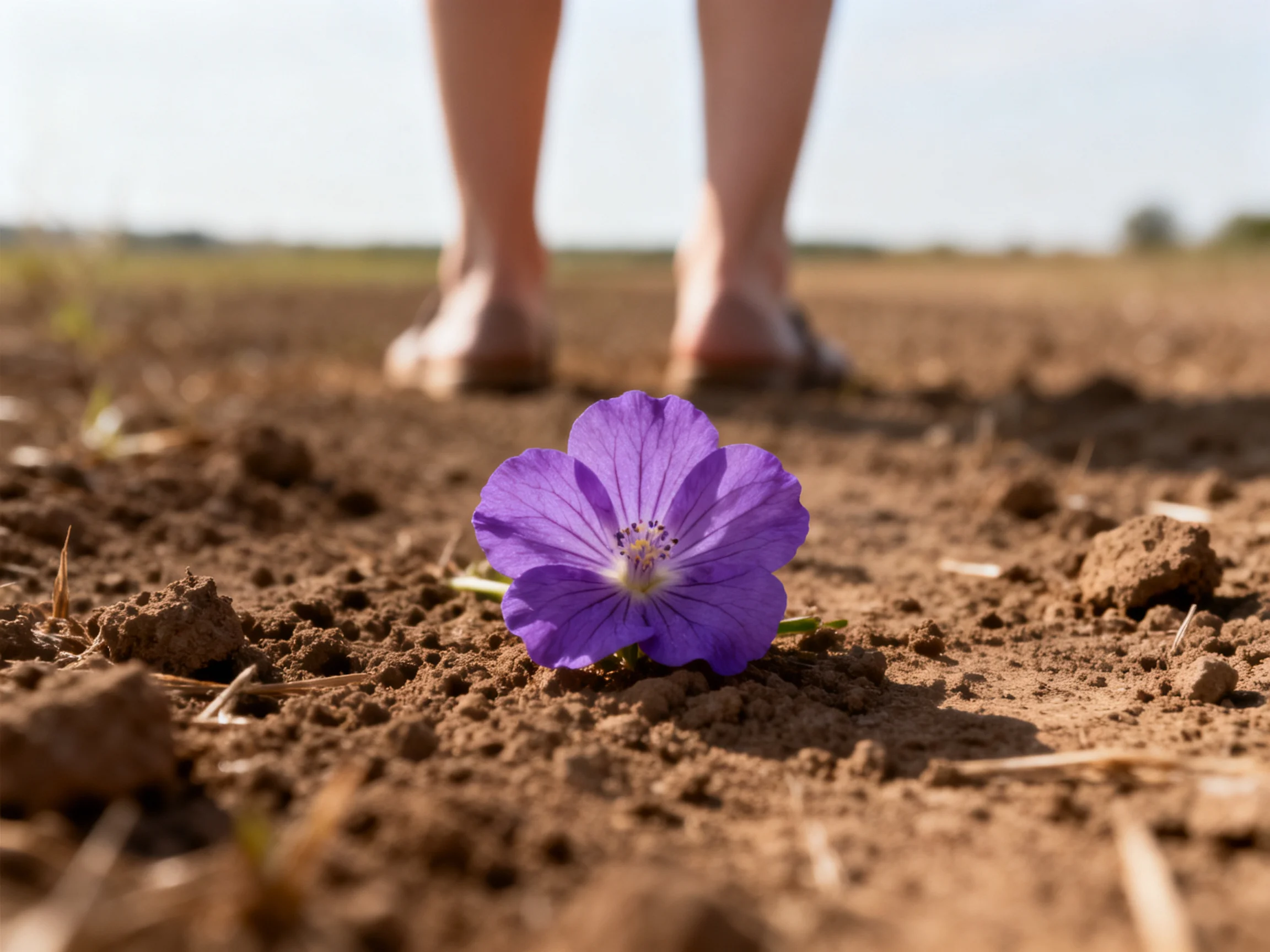 A vibrant purple flower lies on dry, earthy soil beside a pair of bare feet
