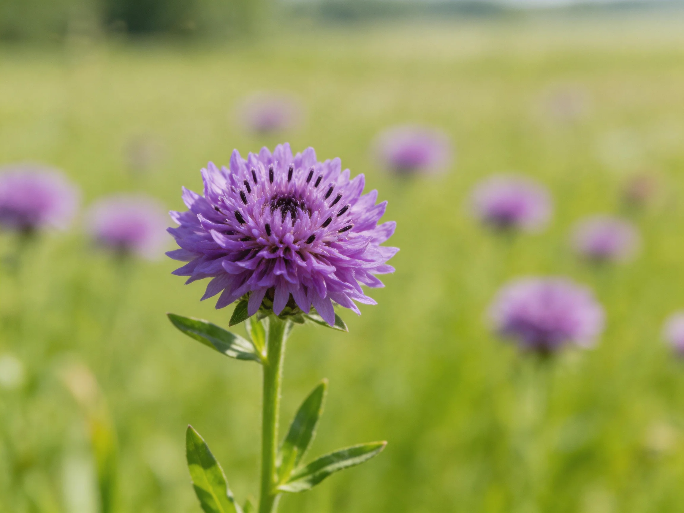 A vibrant purple flower stands out among blurred companions in a sunlit meadow