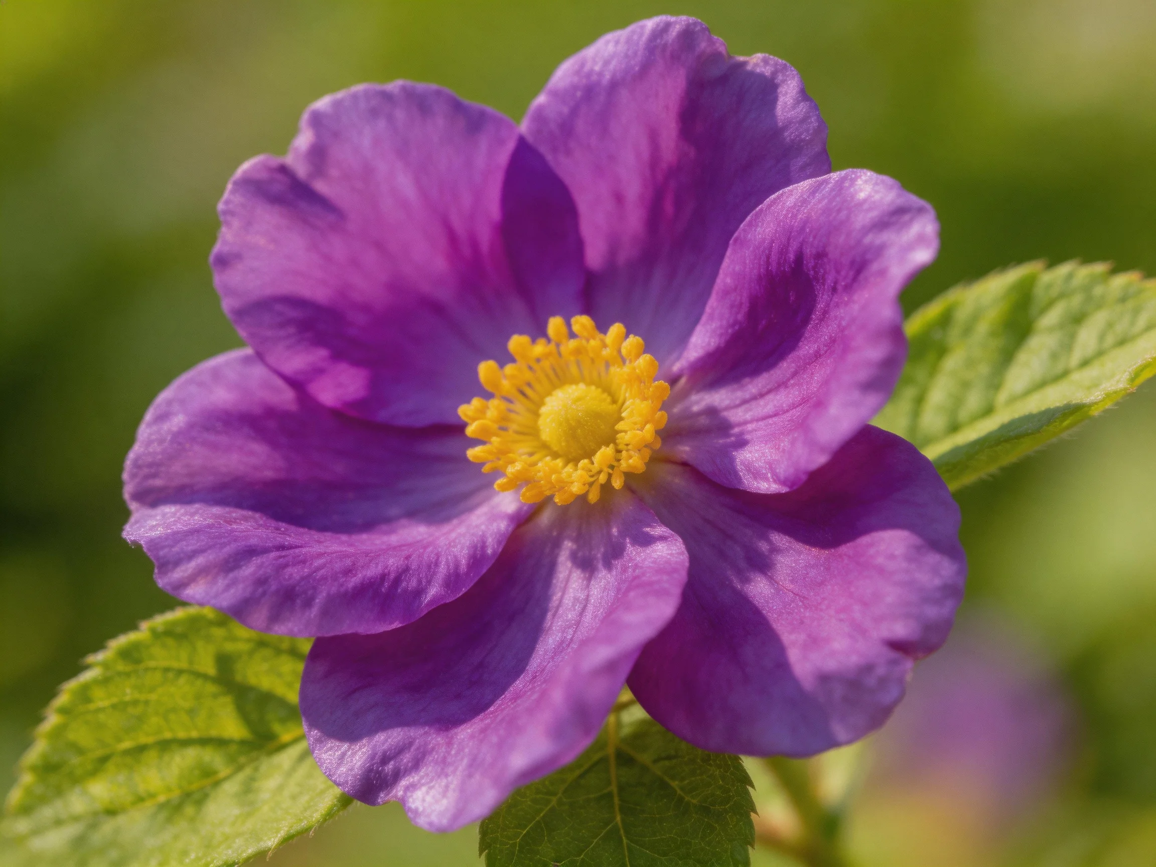A vibrant purple flower with a bright yellow center