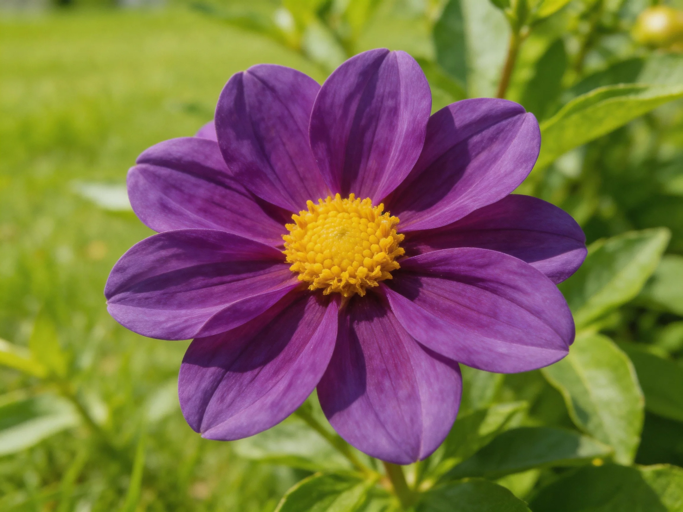 A vibrant purple flower with a bright yellow center amid green foliage