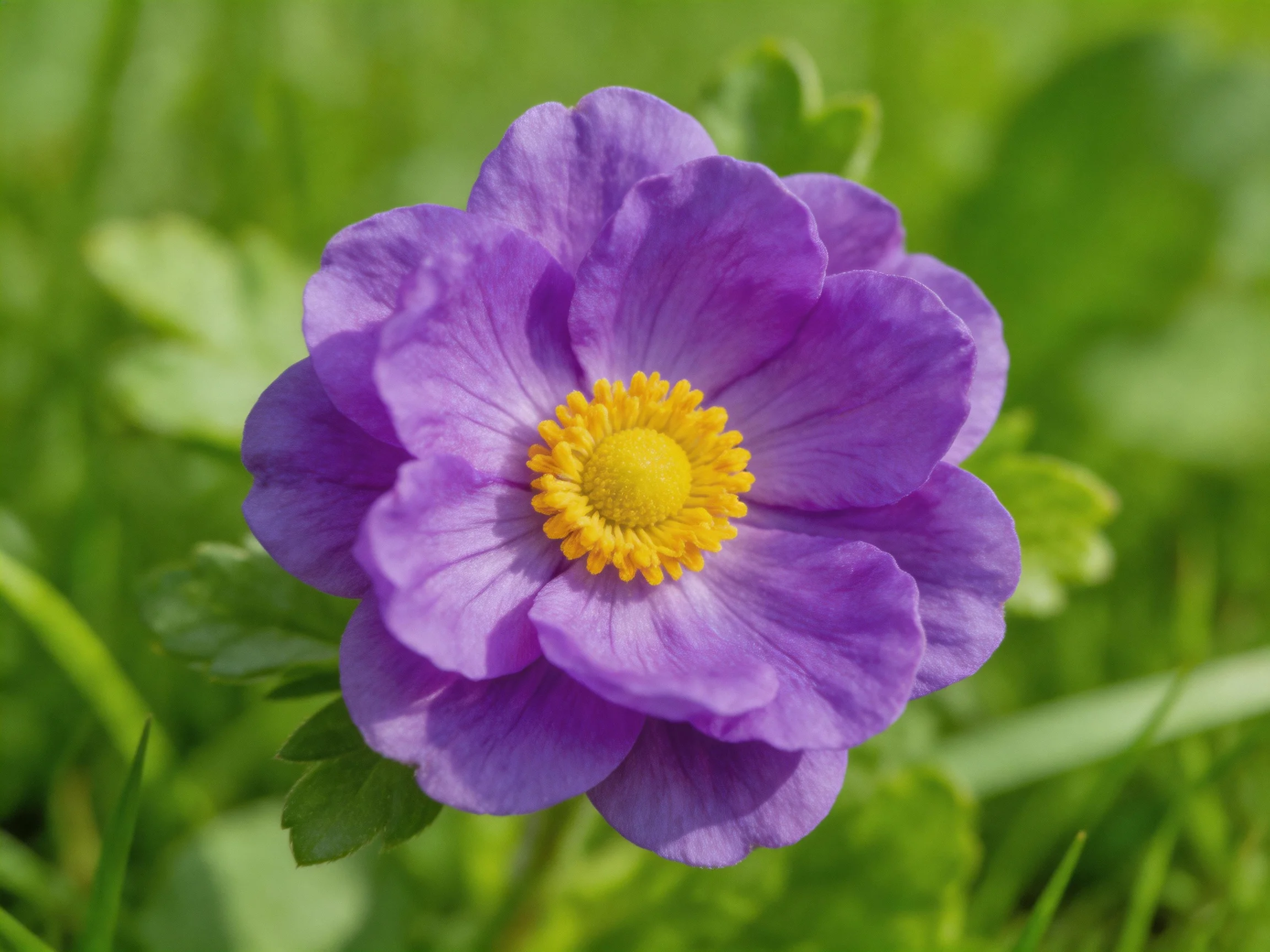 A vibrant purple flower with a bright yellow center amidst green foliage
