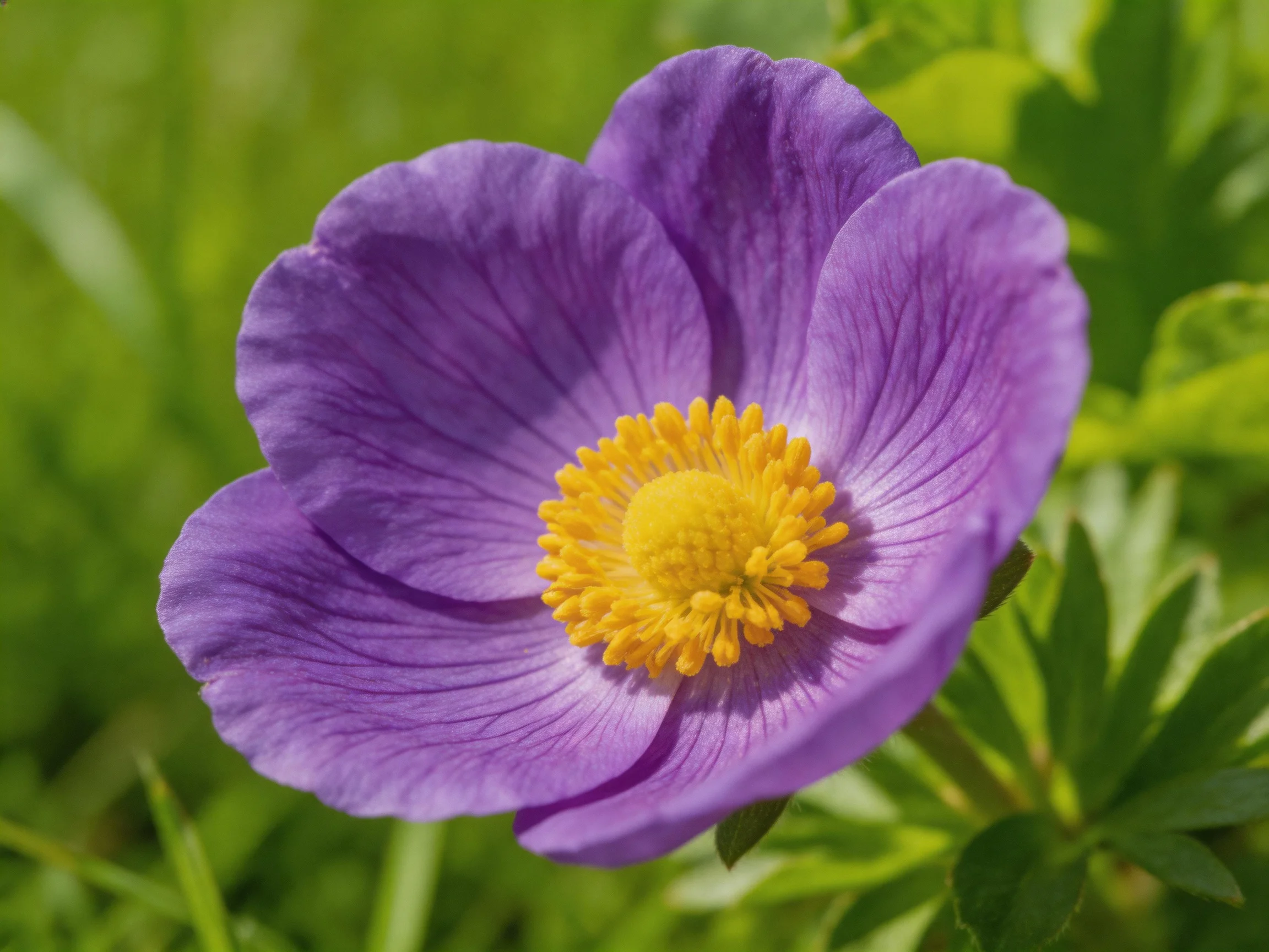 A vibrant purple flower with a bright yellow center amidst lush greenery