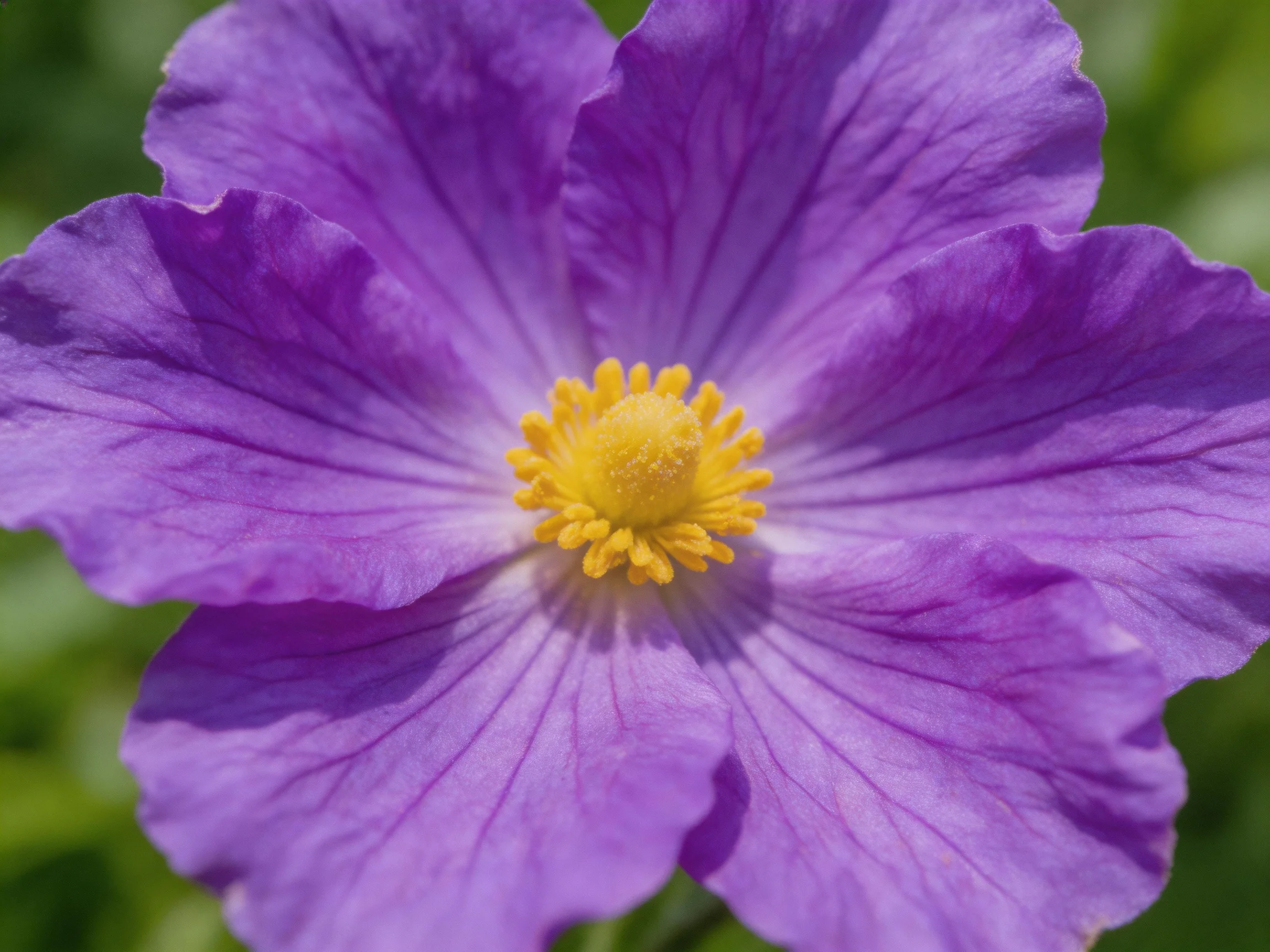 A vibrant purple flower with a bright yellow center in sharp focus