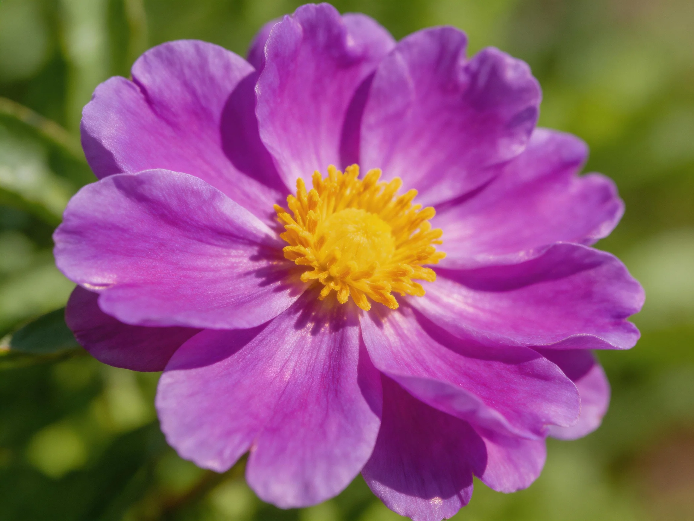 A vibrant purple flower with a bright yellow central core