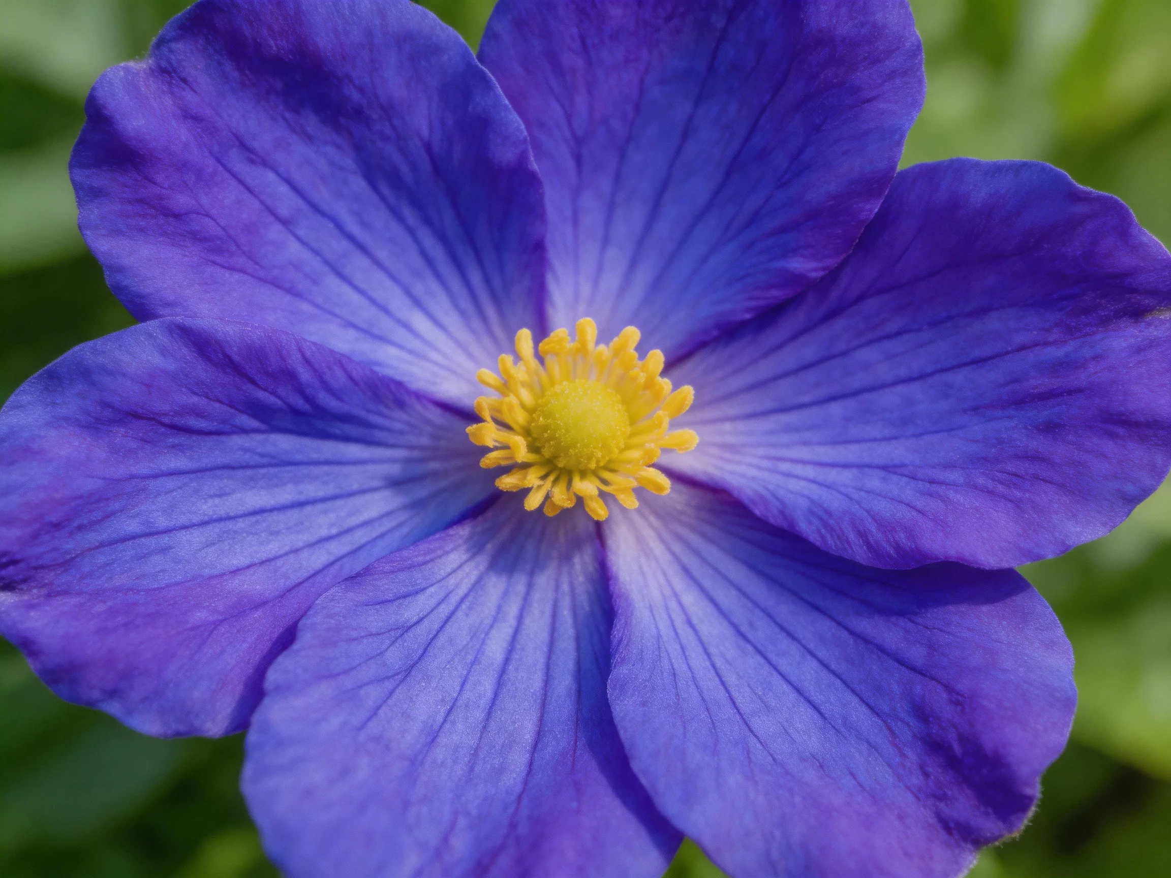 A vibrant purple flower with a bright yellow central core