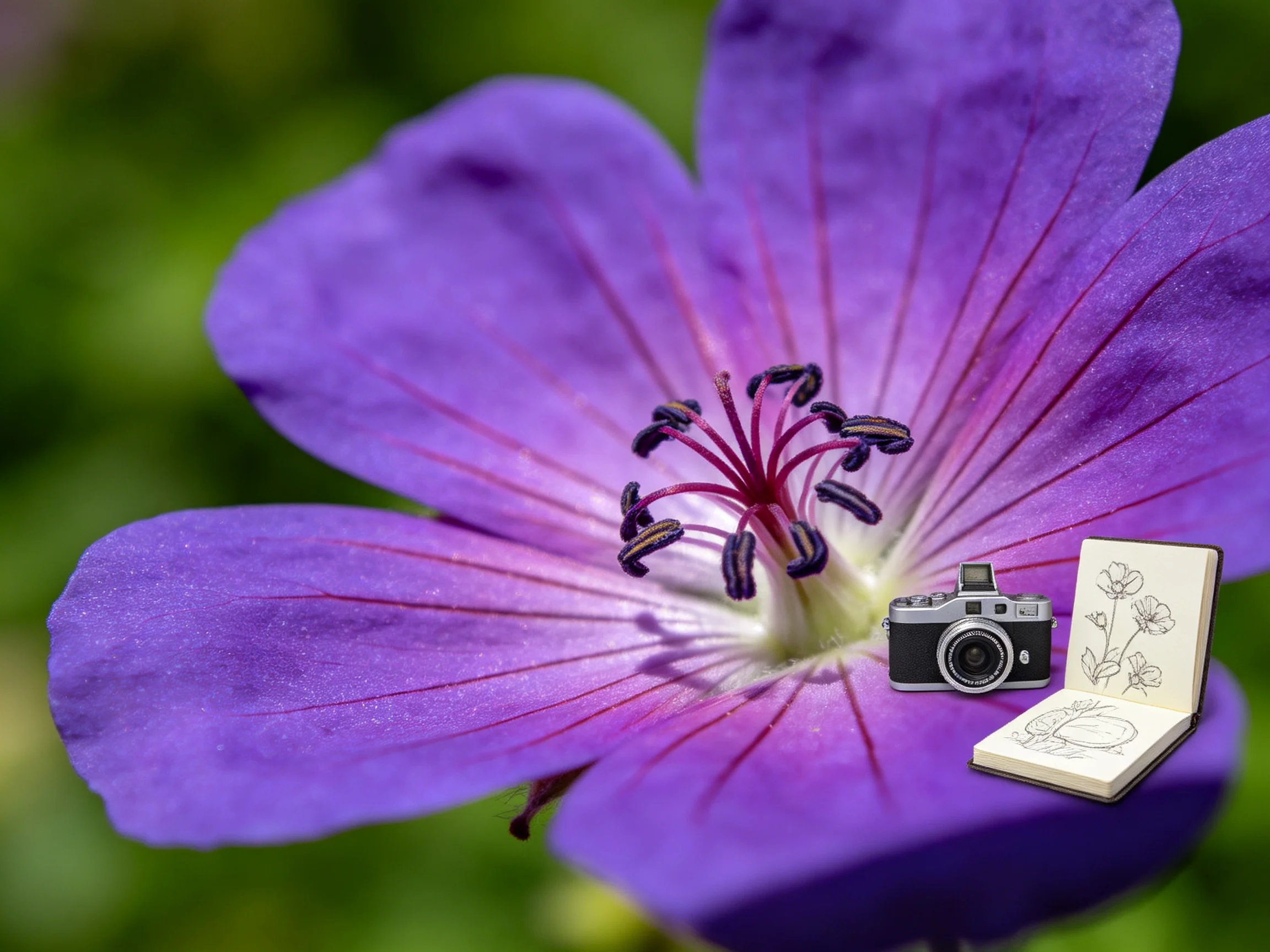 A vibrant purple flower with a camera and sketchbook nearby