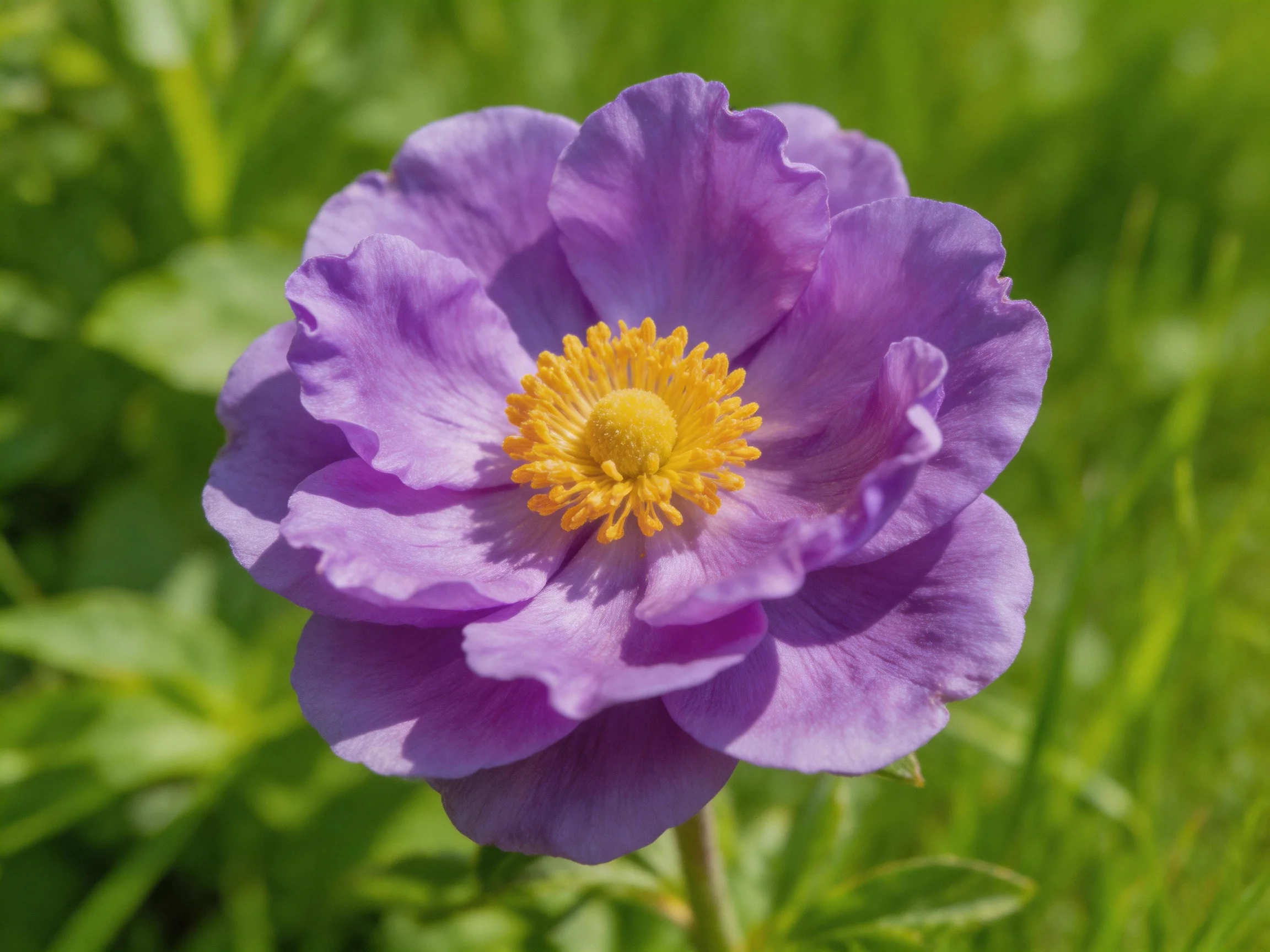 A vibrant purple flower with a golden center amidst lush greenery