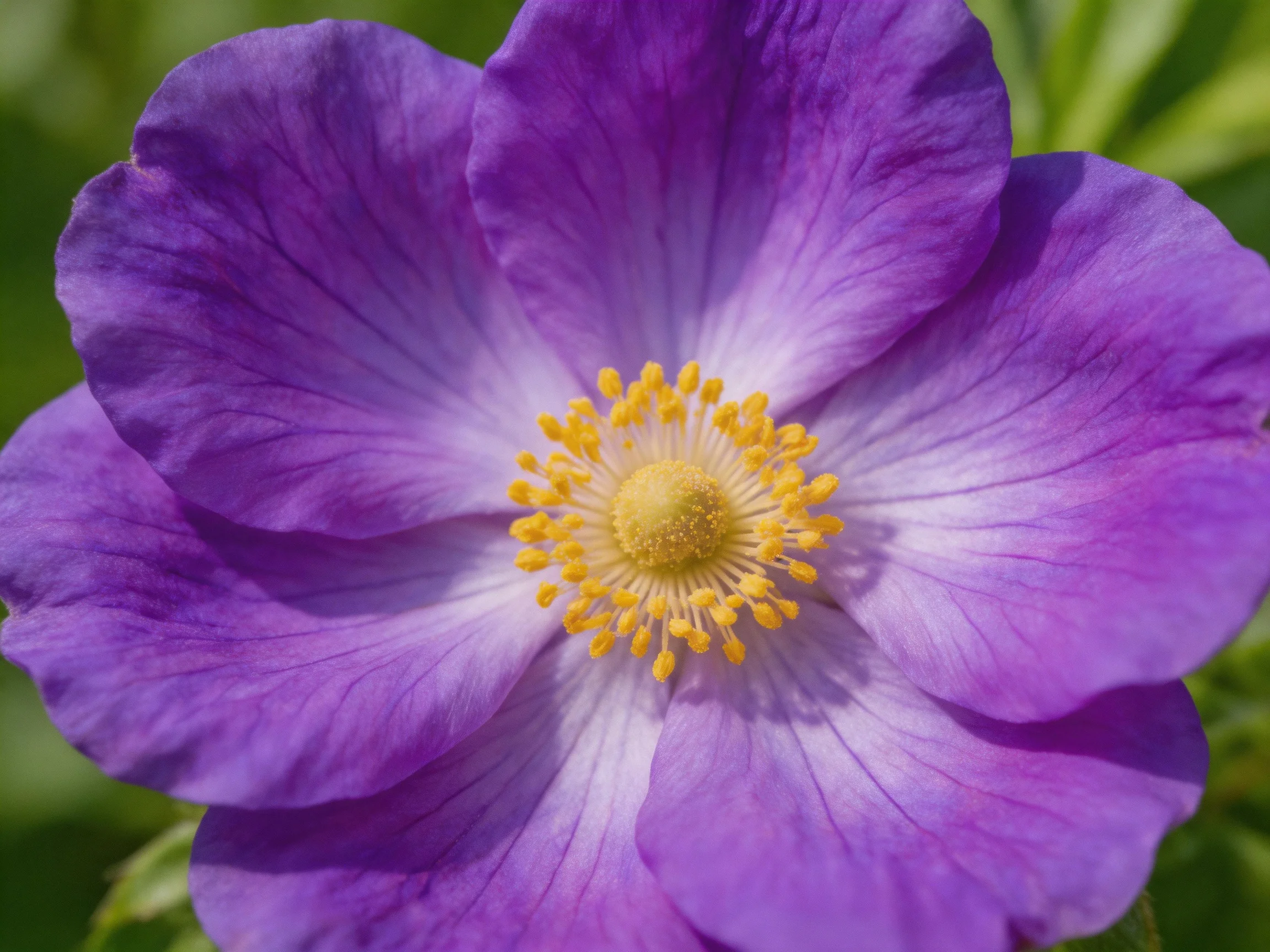 A vibrant purple flower with golden central stamens