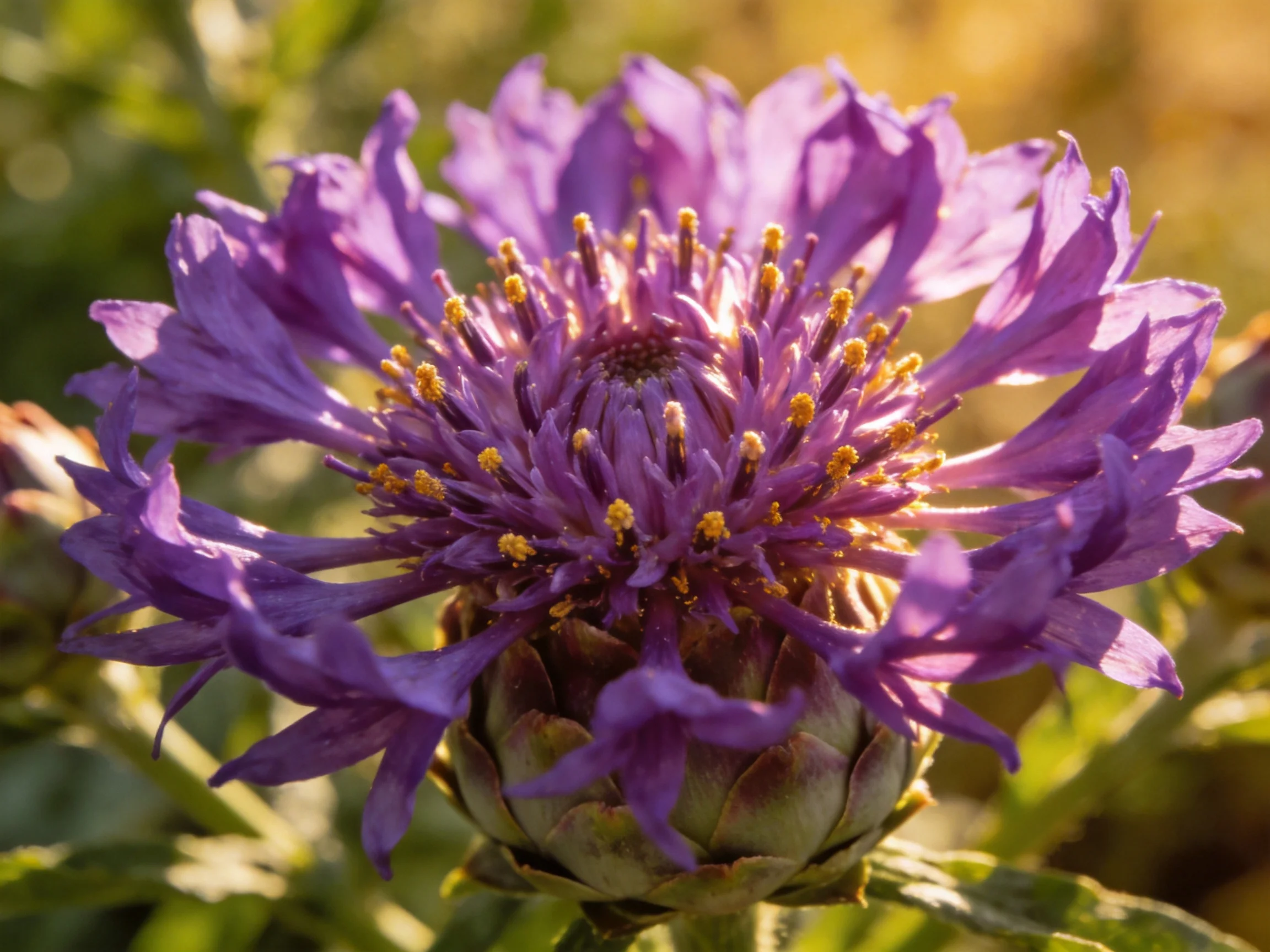 A vibrant purple flower with golden stamens in natural light
