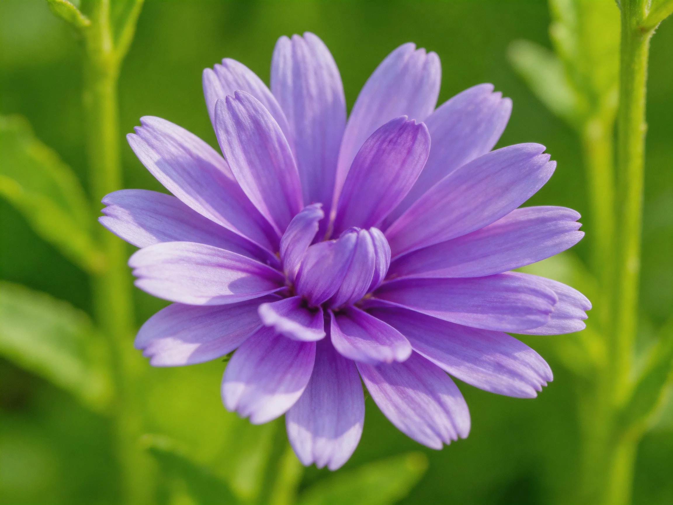 A vibrant purple flower with layered petals against green foliage