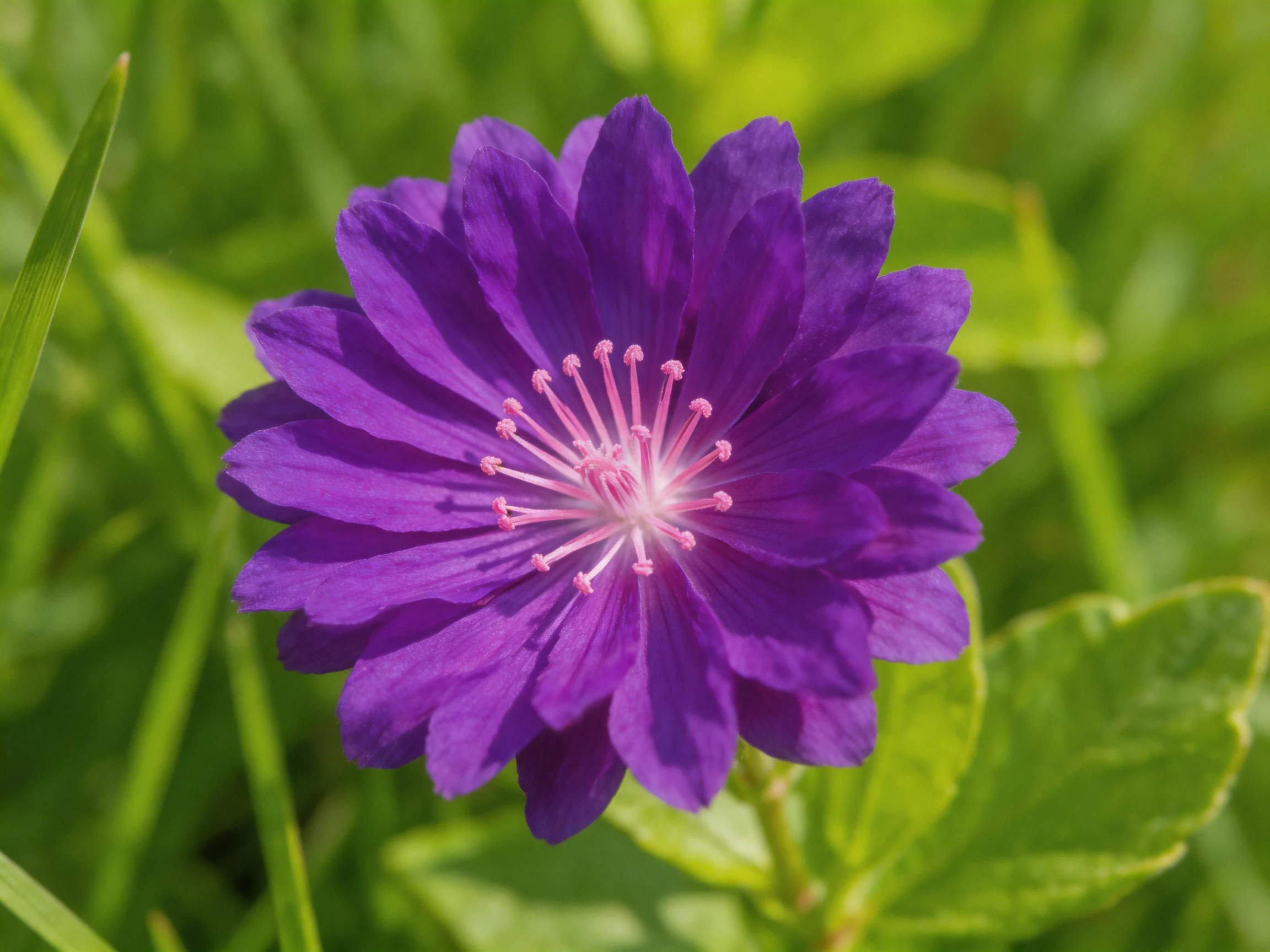 A vibrant purple flower with layered petals in green foliage