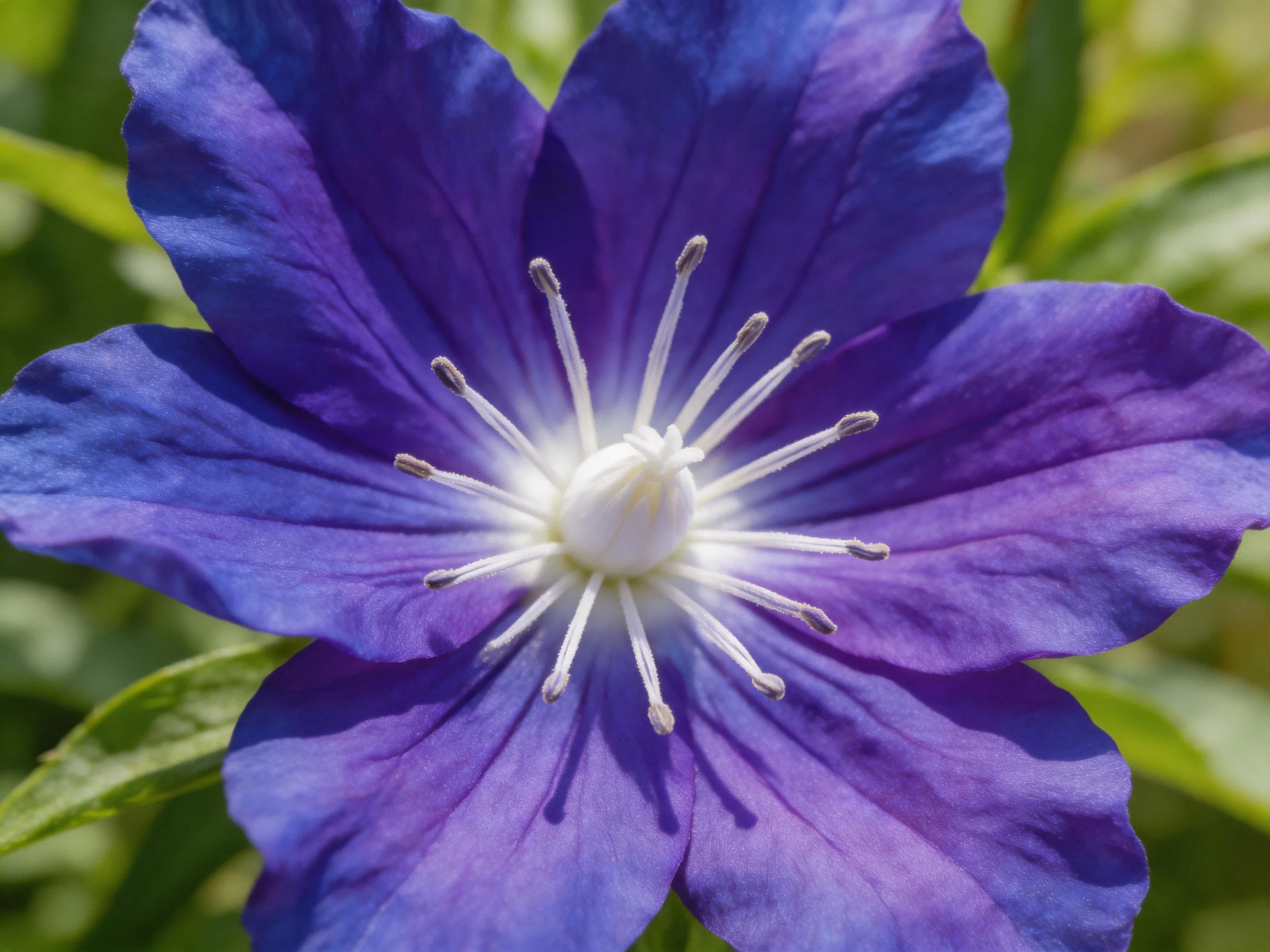 A vibrant purple flower with white center and delicate stamens