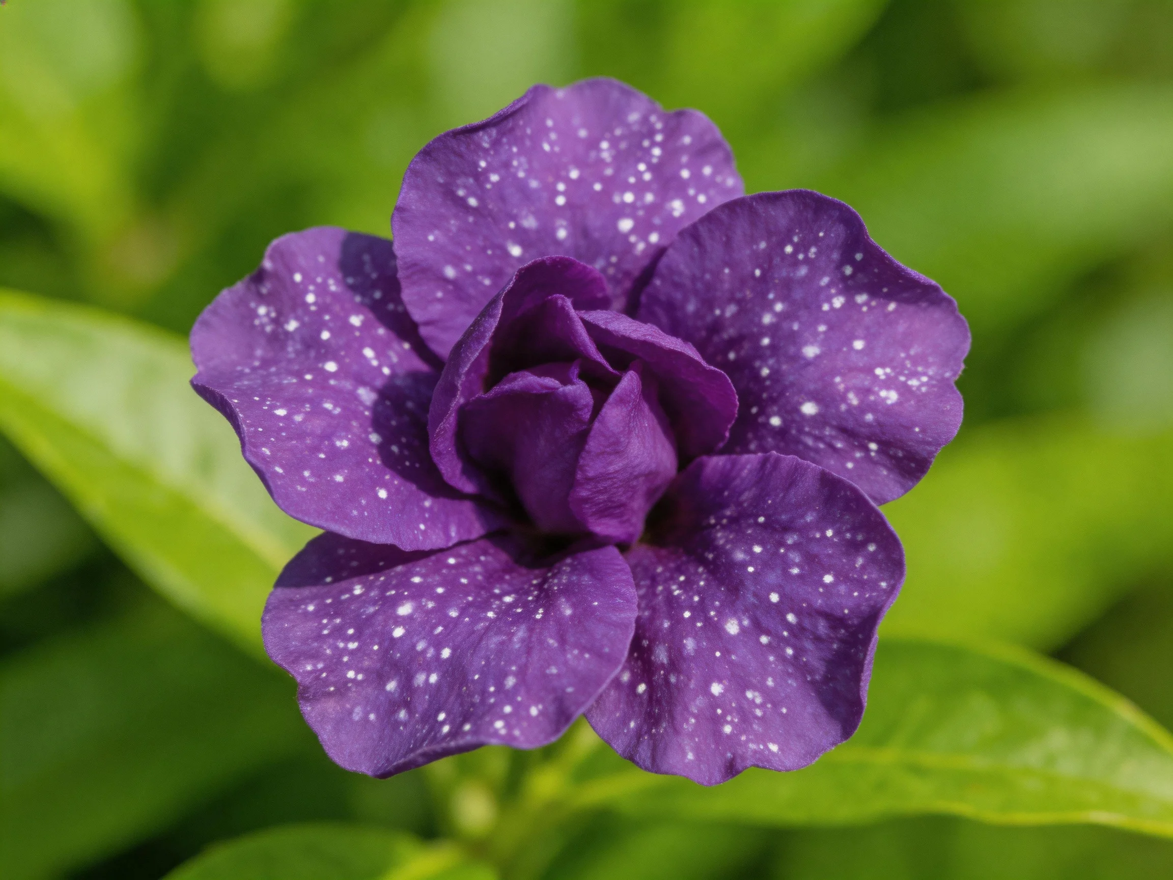 A vibrant purple flower with white speckles amid lush green foliage