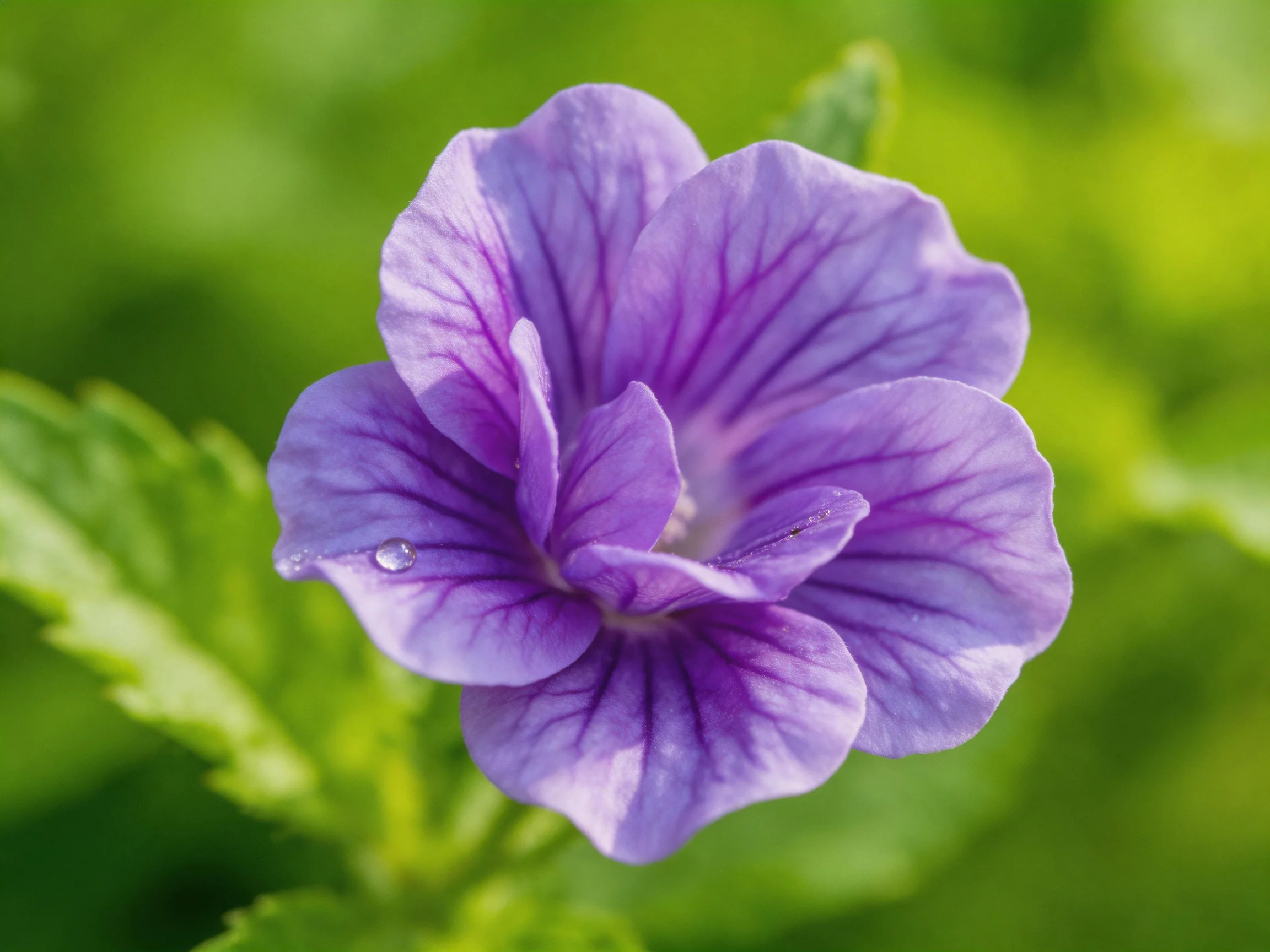 A close - up of a purple geranium flower with a water droplet, surrounded by green foliage.