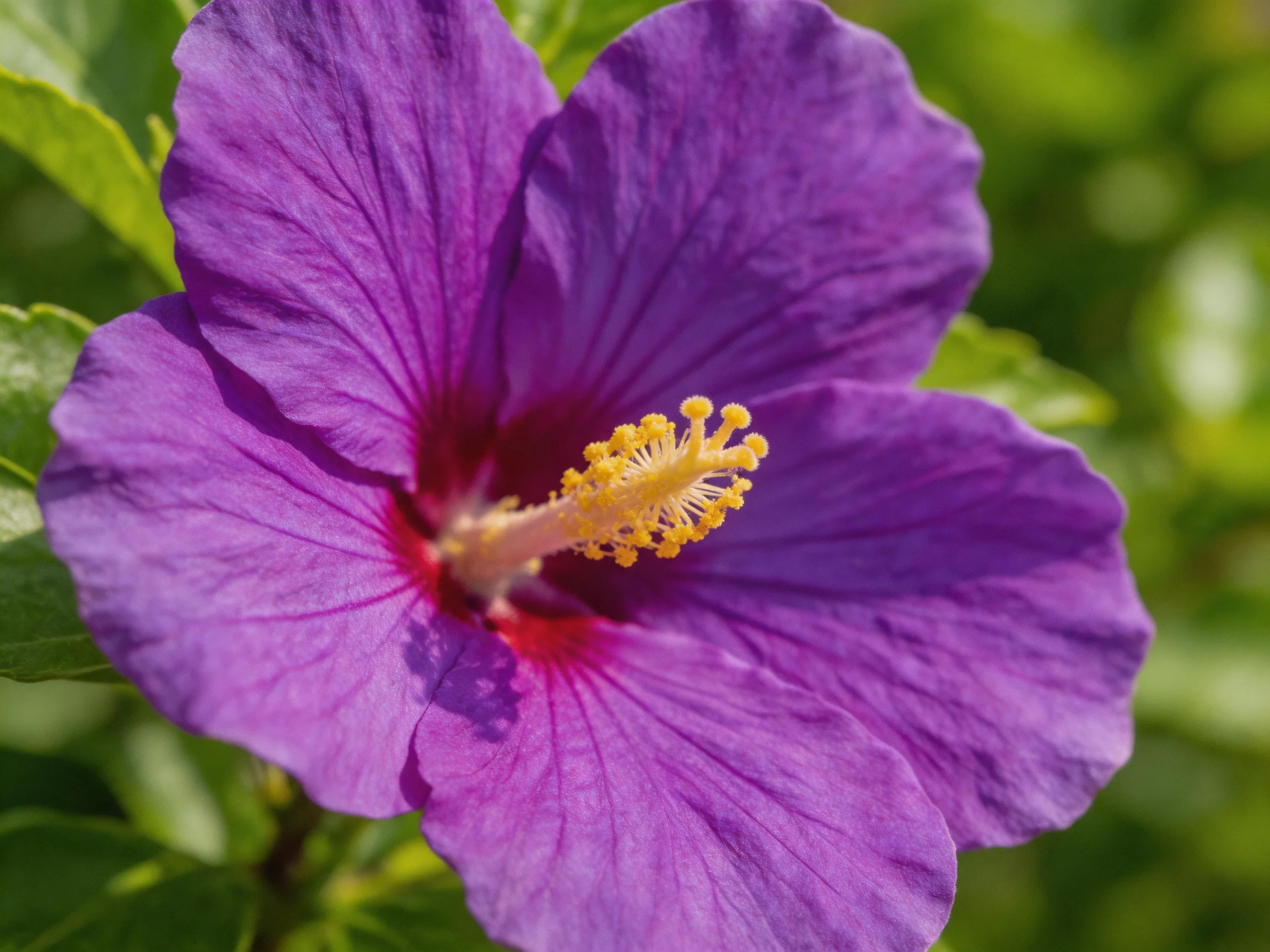 A vibrant purple hibiscus flower with yellow stamens