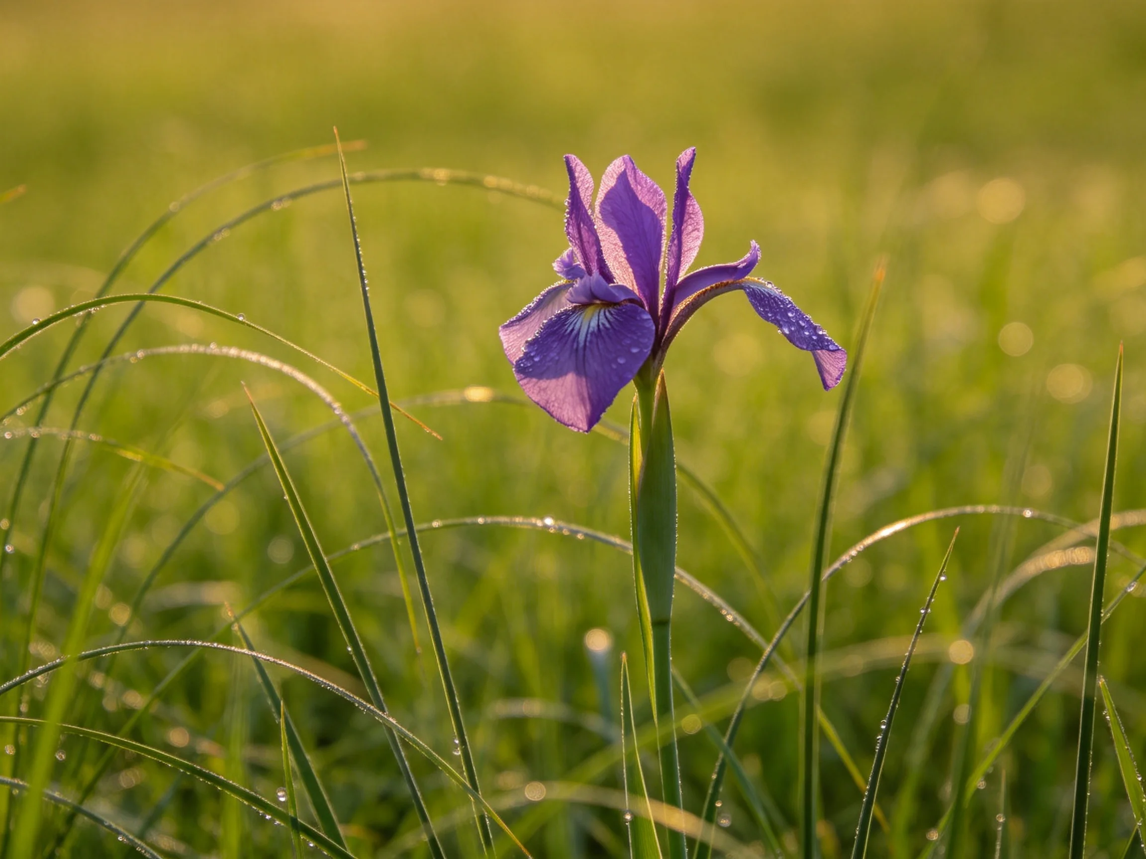 A vibrant purple iris blooms amid dewy green grasses