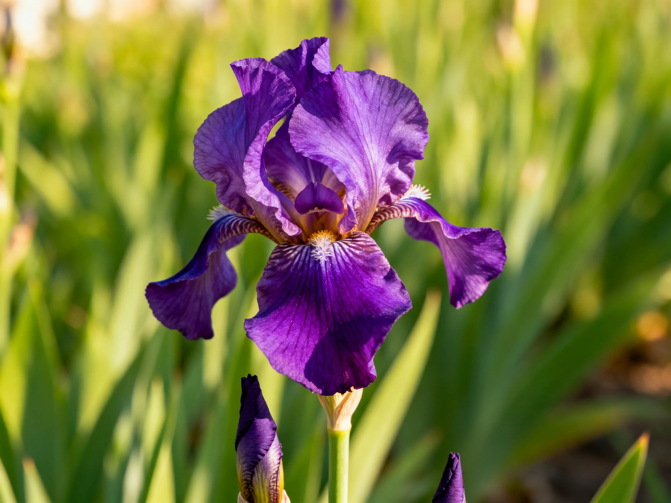 A vibrant purple iris blooms amid lush green foliage